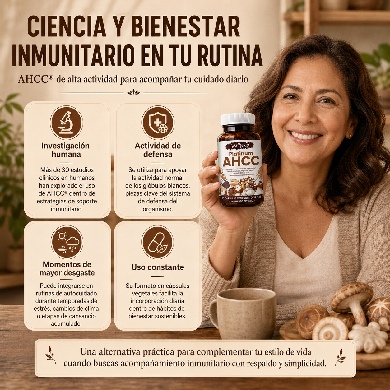 GWYNNE Suplemento Vegetal Platinum AHCC 750 mg,90 Cápsulas