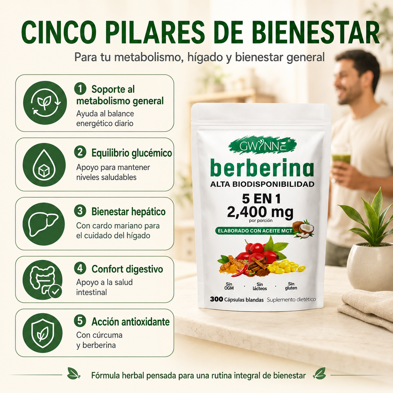 Berberina De 300 Cápsulas Blandas De 500mg *4 Pure Berberine GWYNNE