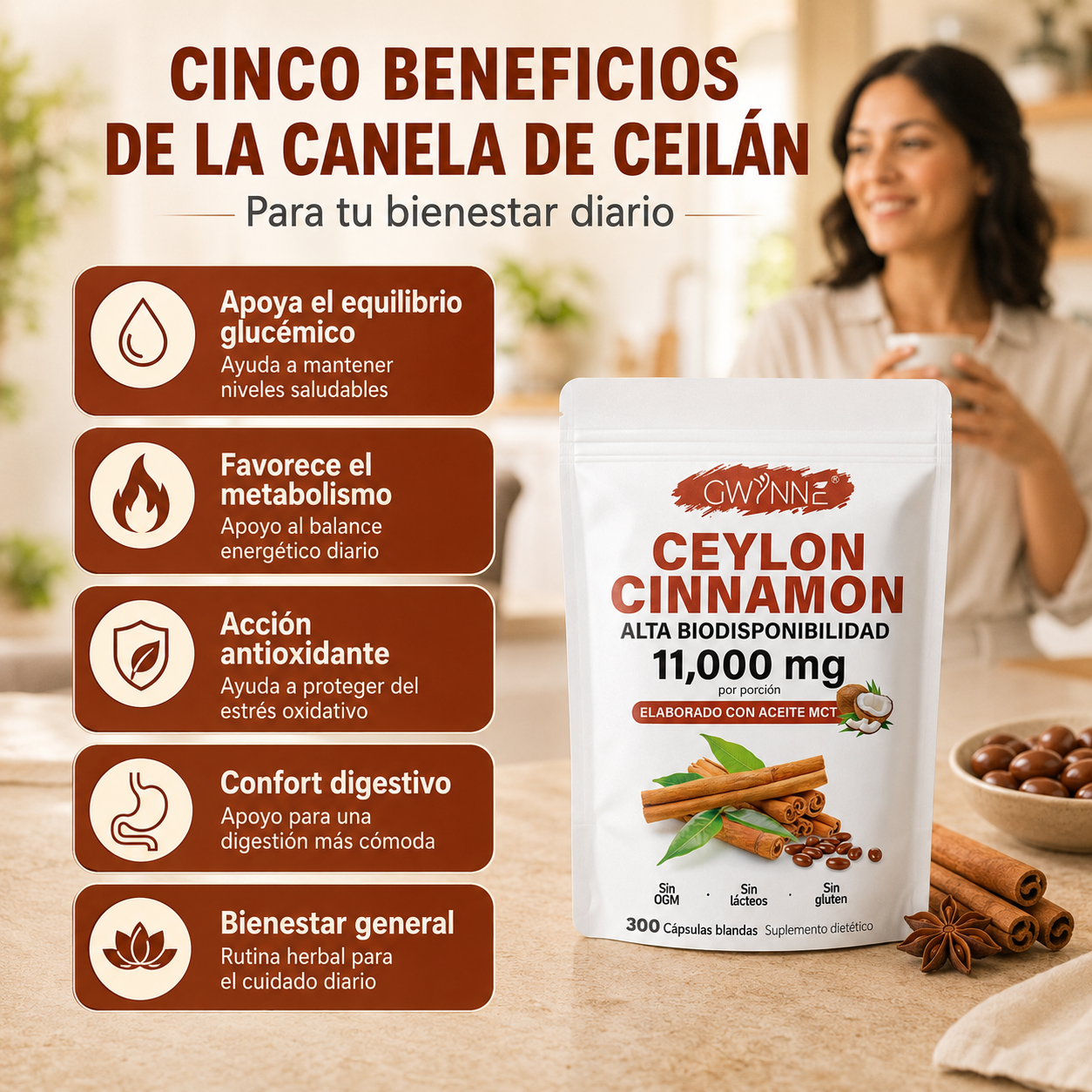 GWYNNE Ceylon Cinnamon 300 Capsules 20:1 con Aceite MCT,alta biodisponibilad 11000mg