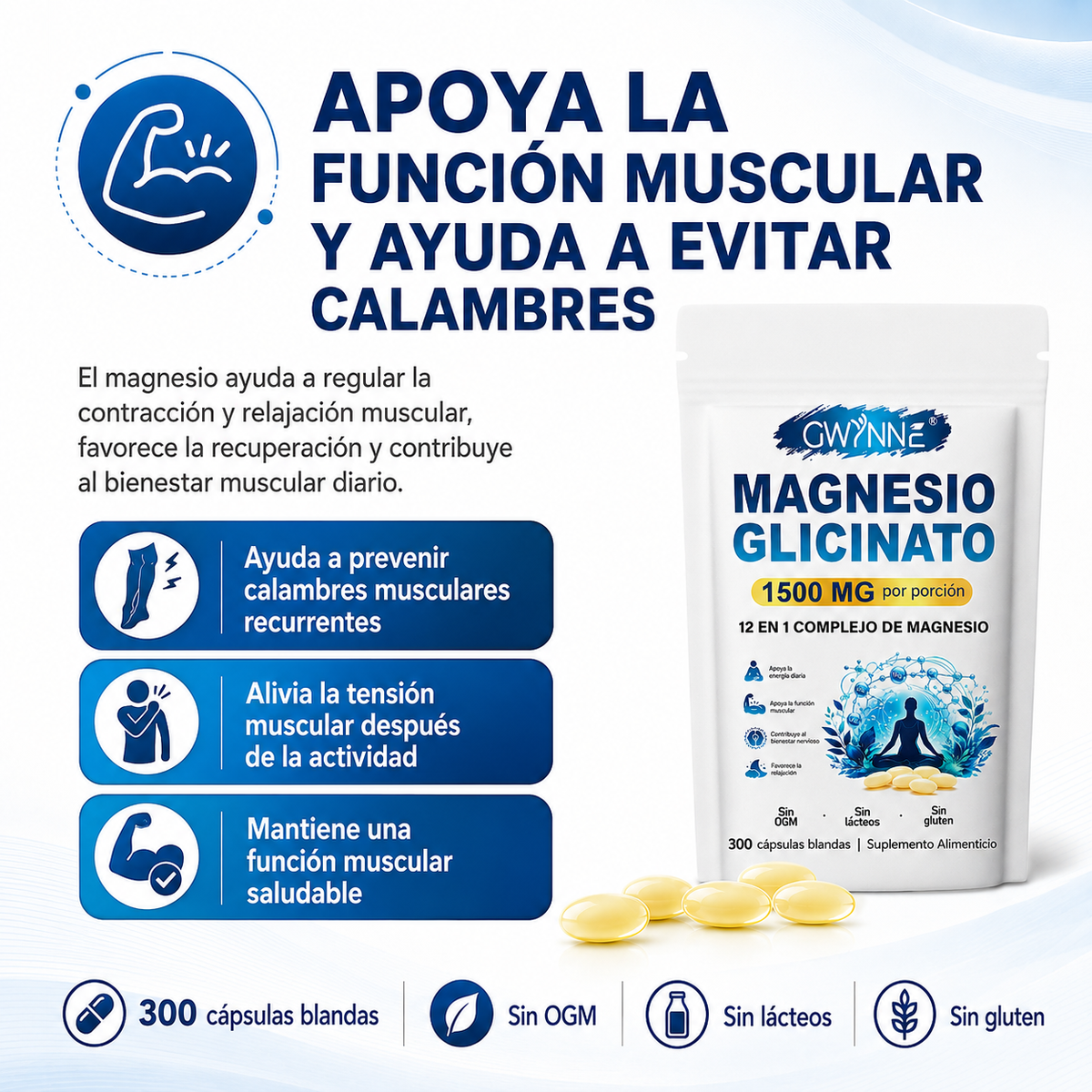 GWYNNE 12 en 1 Complejo de Magnesio 1500mg,con Glicinato De Magnesio,Citrato De Magnesio,Óxido De Magnesio,Musculo Relajación,300 bland Cápsulas