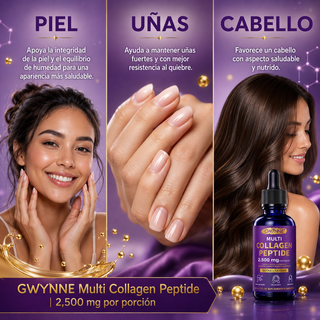 Gwynne Péptidos de Colágeno Múltiples Gotas 2500 mg,con Biotina y Ácido Hialurónico, complemento para el cuidado diario del cabello,la piel y las articulaciones,60ml