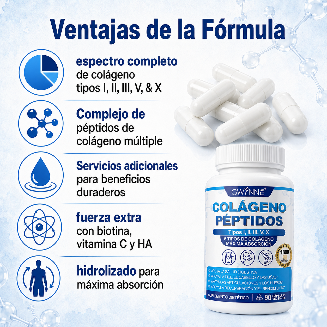 Gwynne Péptidos De Colágeno Múltiples 1800 Mg Complejo 90 Cápsulas-tipo I,ii,iii,v,x Complejo De Colágeno Premium Para Una Mejor Piel Y Cabello,articulación Fuerte,proteína Hidrolizada