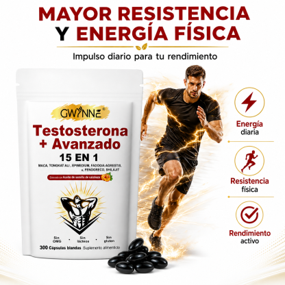 GWYNNE 15‑en‑1 Testosterona Avanzado Suplemento 300 Cápsulas con Maca,Tongkat Ali y Shilajit