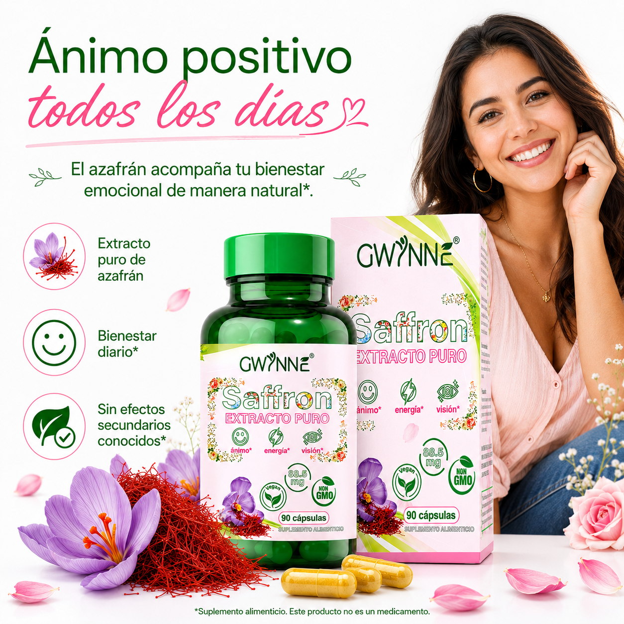 Gwynne Azafrán Puro Orgánico 88.5mg,extracto De Saffron Feliz Para Aumentar La Energía Y El Estado De Ánimo,apoyar La Salud Ocular,90 Cápsulas
