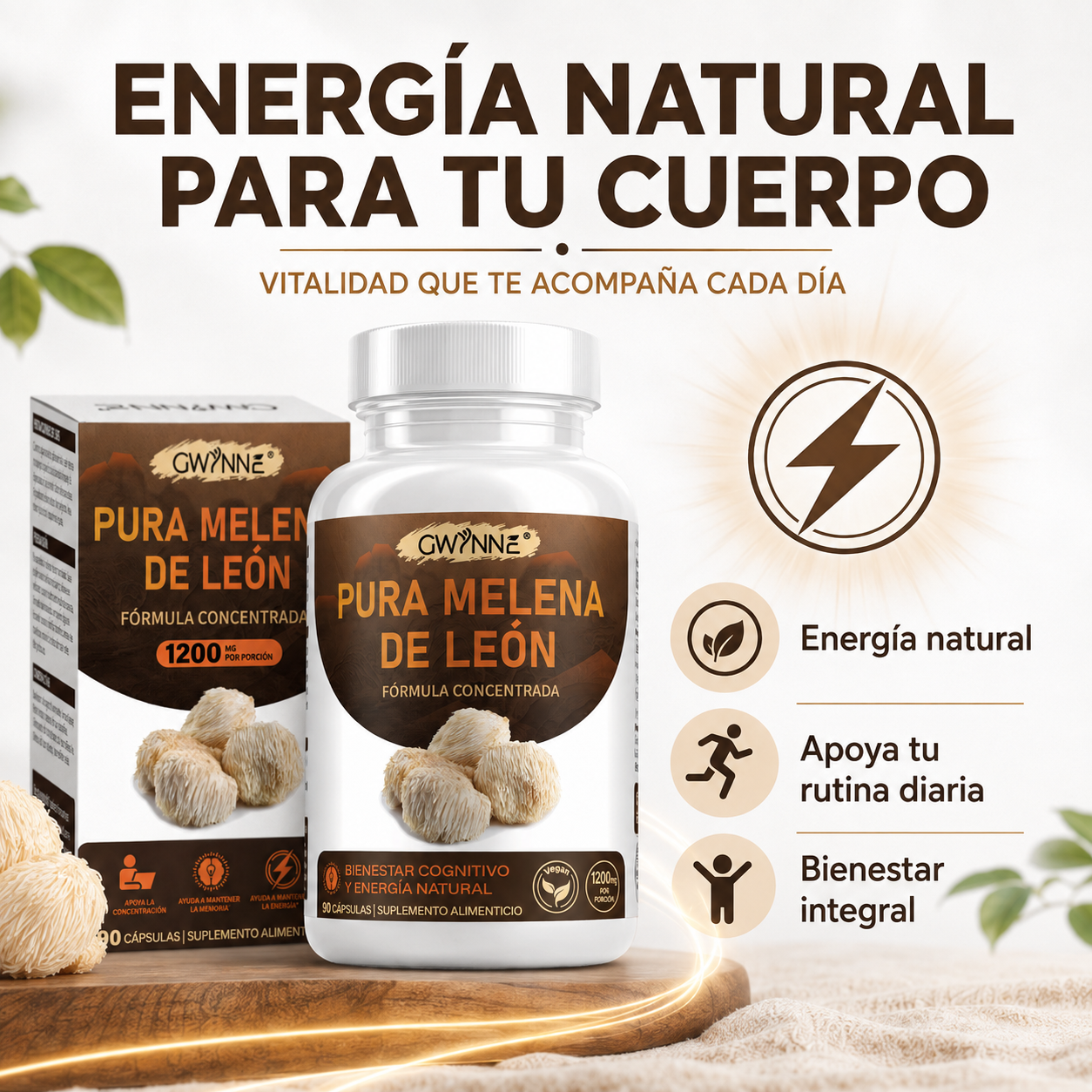 GWYNNE Pura Melena de León 1200 mg,apoyo Foco y cognición,90 Cápsulas