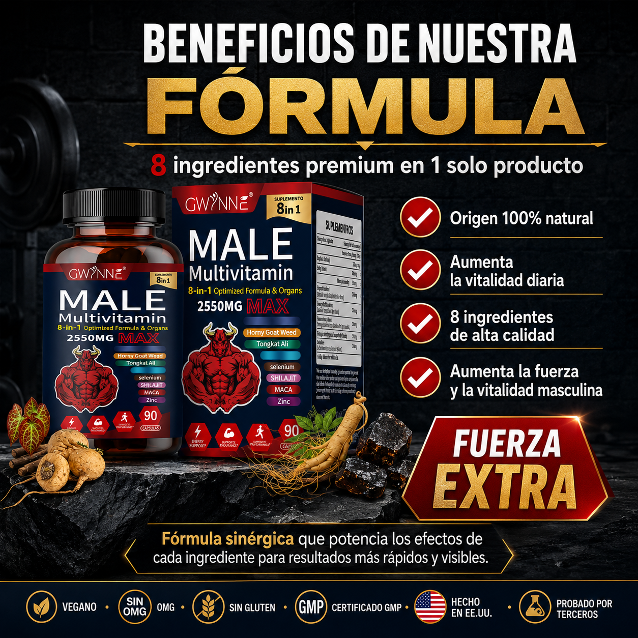 Gwynne Multivitamina Para Hombre 90 Cápsula,8 En 1 Multivitaminas Para Hombres Diarias 2550 Mg Max Con Zinc,shilajit,horny Goat Weed,etc,apoyo A La Energía Físicas