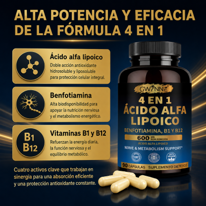 Gwynne 4 En 1 Ácido Alfa Lipoico 600mg 90 Cápsulas,suplemento Antioxidant, Para Los Nervos,energía Y Apoyo Al Metabolismo,con Benfotiamina,b1 Y B12