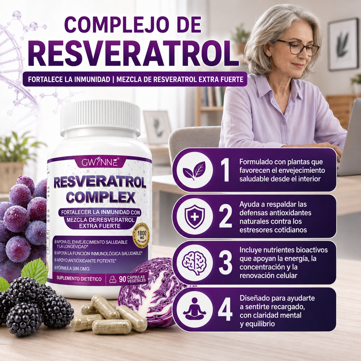 Gwynne Resveratrol Supplement 1800 Mg Complejo Antioxidante 90 Cápsulas,píldoras De Resveratrol Para Envejecimiento Saludable,apoyo A La Salud General,sistema Inmunológico,función Cerebral