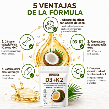 Gwynne Vitamina D3 10.000ui + K2 Mk-7 200mcg,2 En 1 Aceite De Coco Vírgenapoyo Óseo,inmunológico Y Cardíaco,300 Cáps