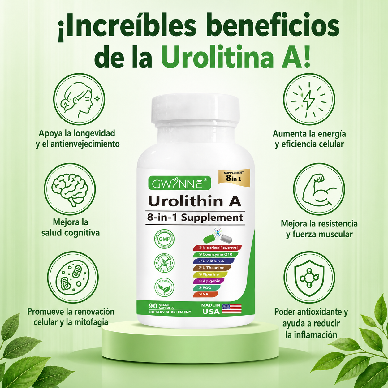 Gwynne Urolithin A 1000mg Complex Supplement 90 Cápsula,con Resveratrol,nr,coq10,pqq Y L-theanine Apoyo A La Energía Mitocondrial Y Celular