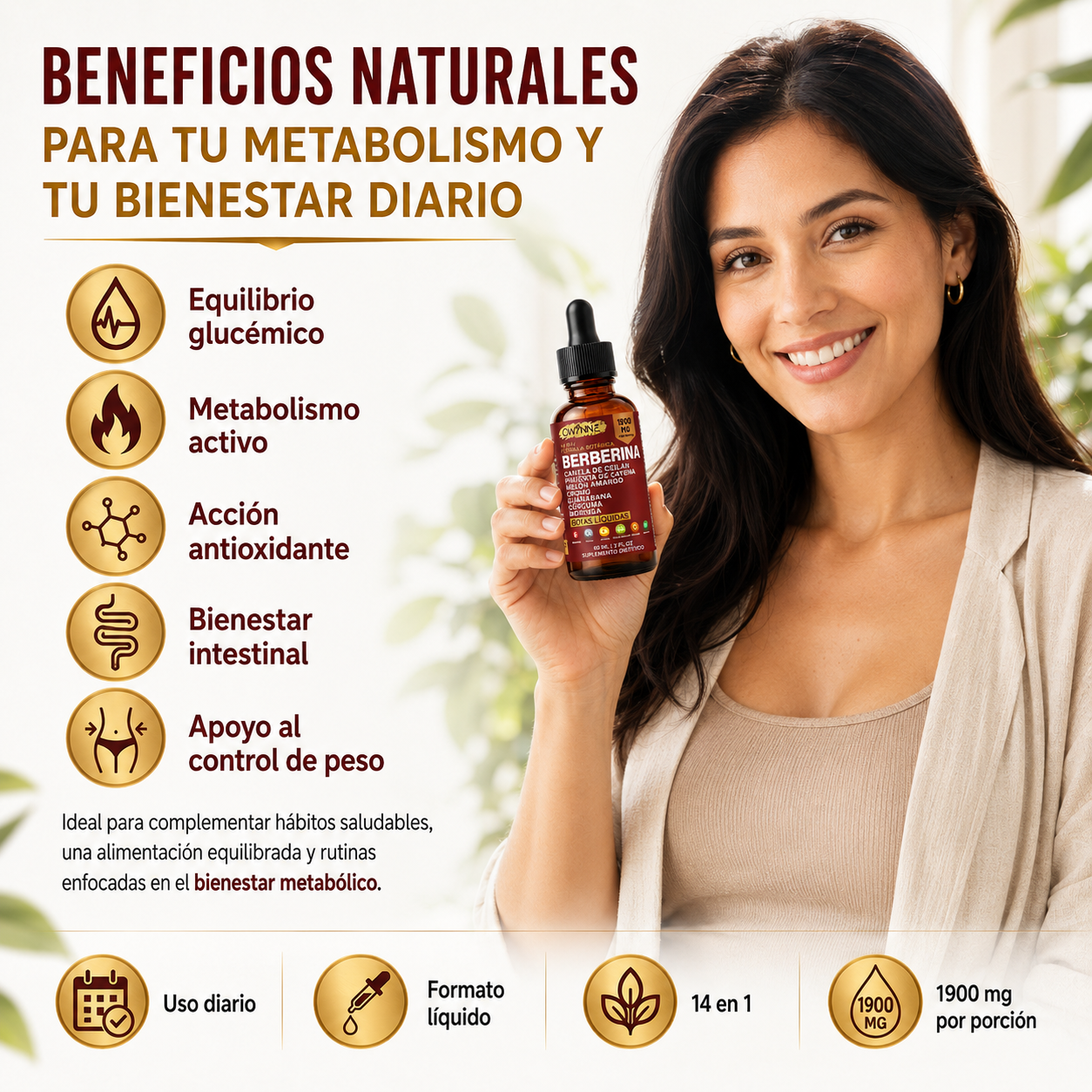 GWYNNE Suplemento Dietético Gotas Líquidas de Berberina 60ml 14 en 1 Fórmula 1900 mg,con Pimienta Cayenne,Canela de Ceilán,Melón Amargo,Cúrcuma y Moringa