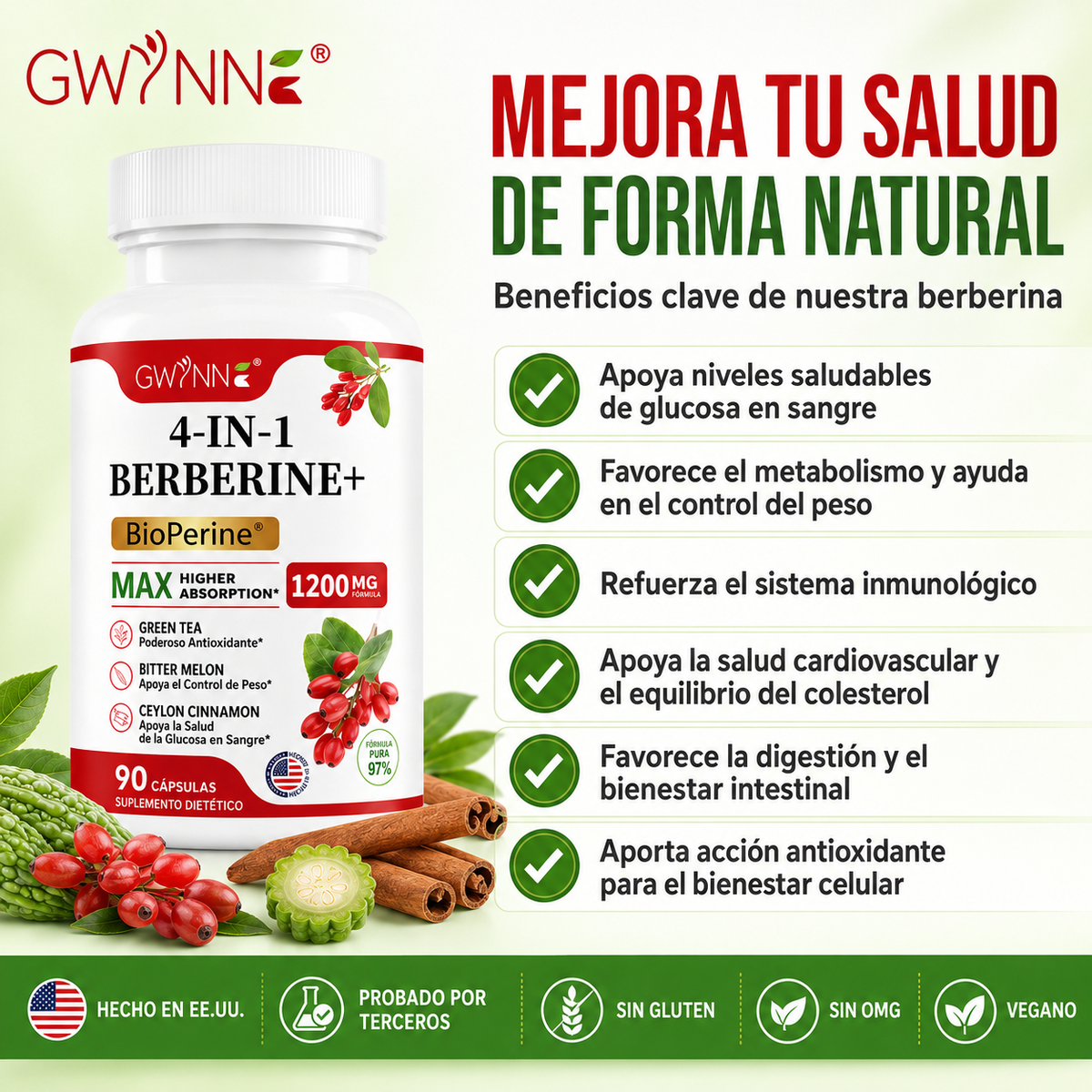 Gwynne 4 En 1 Berberina Y Bioperine 1200mg Con Melón Amargo,canela De Ceilán Y Extracto De Té Verde,apoyo A La Salud Del Corazón,sistema Inmunológico,gi Saludable,90 Cápsulas