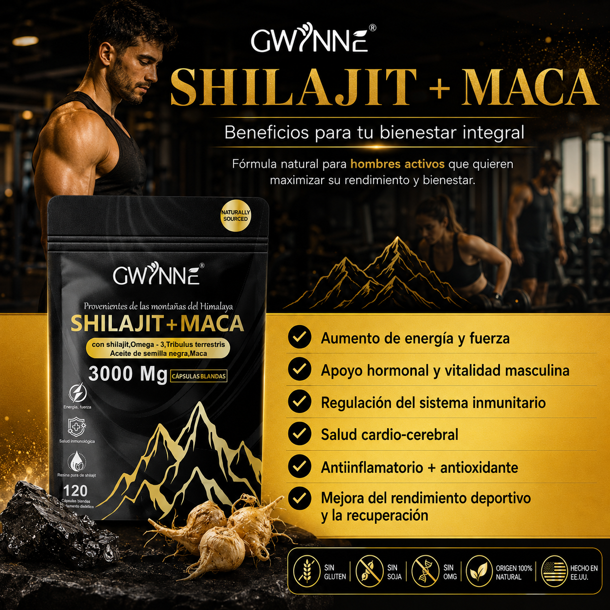 Gwynne Shilajit + Maca Del Himalaya 120 Cáps,con Shilajit 3000mg,omega-3,tribulus Y Maca,salud Cardio-cerebra,aumento De Energia,antiinflamatorio Y Antioxidante