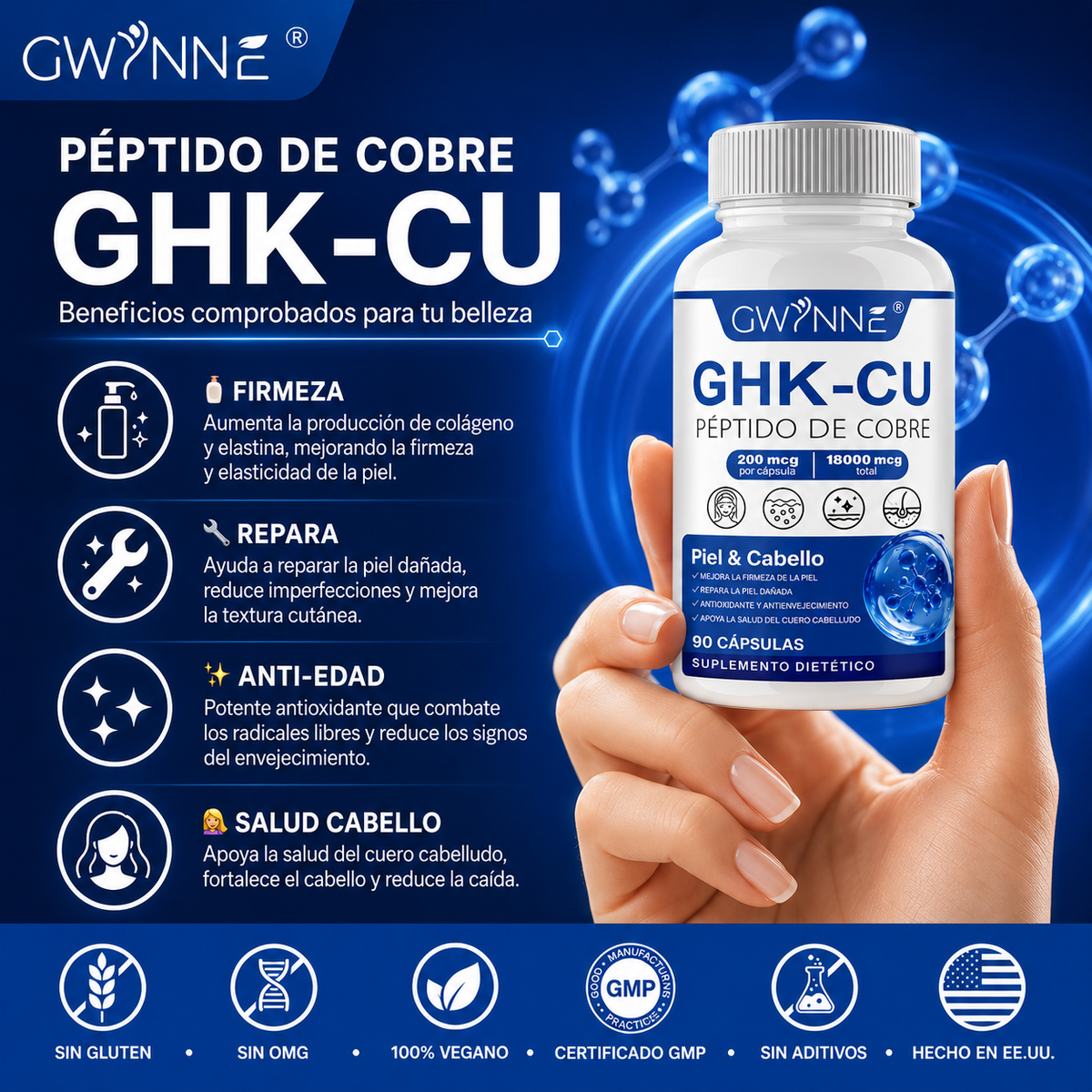 Gwynne Péptido De Cobre Ghk-cu 200mcg,90 Cápsulas De Alta Potencia Promueve La Reparación De La Piel,la Elasticidad Radiante De La Piel,el Anti-envejecimiento Y El Apoyo Al Crecimiento Del Cabello