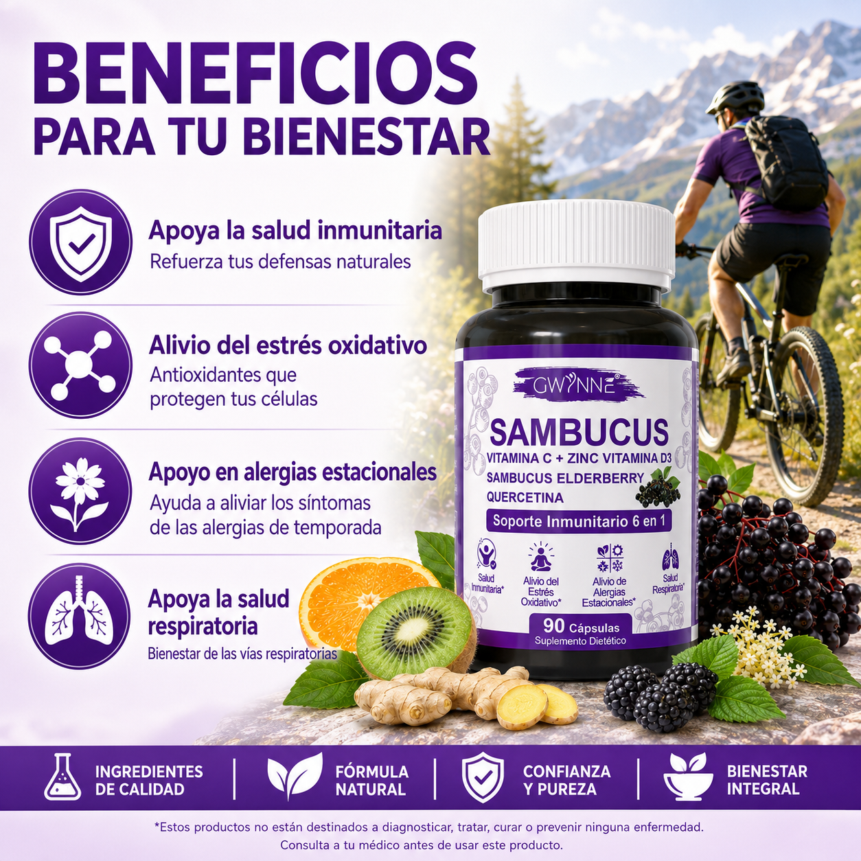 Gwynne Sambucus 6 En 1 Suplemento Con Extracto De Sauco 1000mg,vitamina C,d3,zinc Y Quercetina,soporte Inmunitario,alivio De Alergias Y Salud Respiratoria,90 Cápsulas