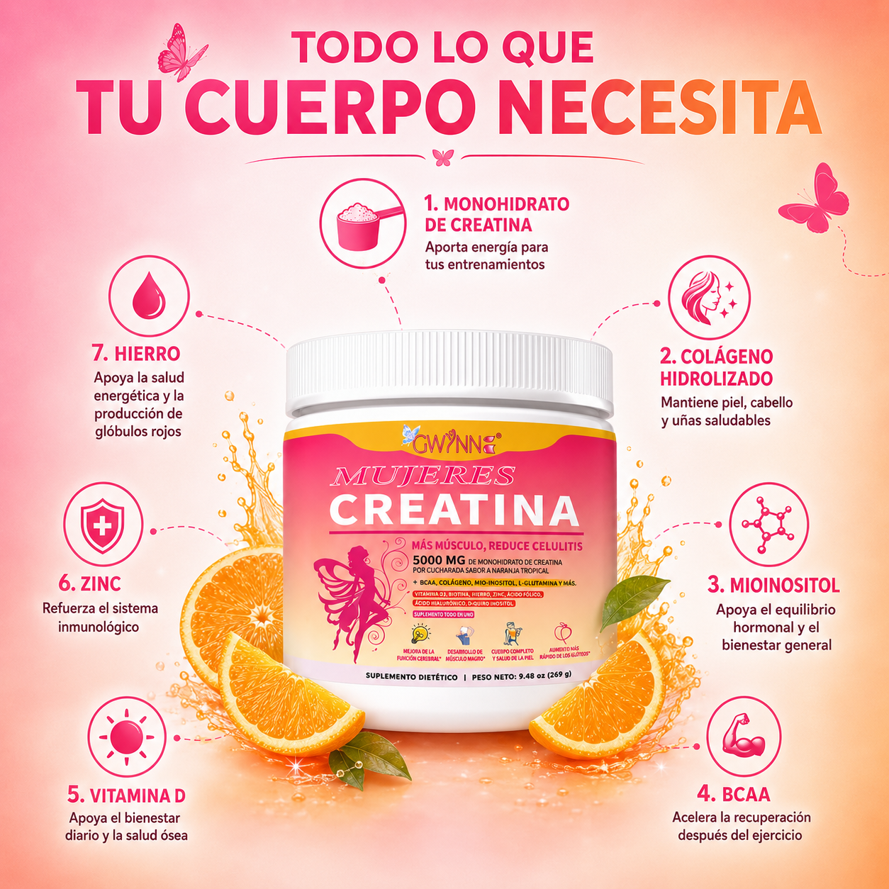 Gwynne Suplemento De Creatina Para Mujeres 269g-5000mg De Creatina,con Colágeno,mioinositol Y Bcaa,apoya El Desarrollo Muscular,la Elasticidad De La Piel,el Cabello Saludable Y Las Uñas