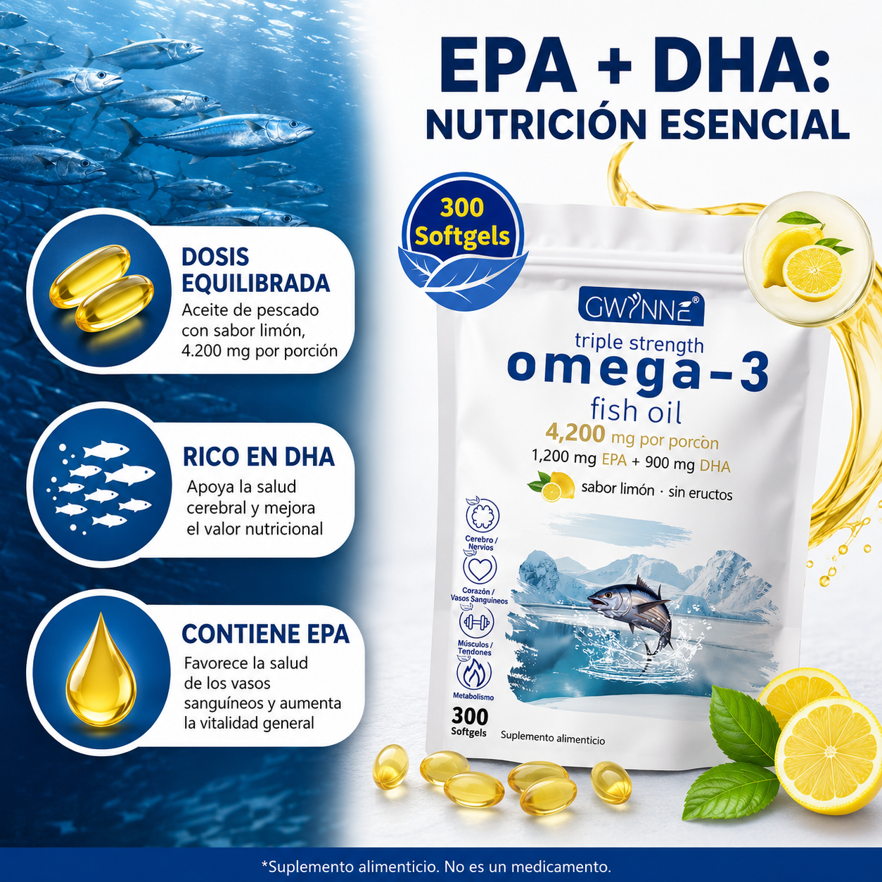 Gwynne Omega 3 Premium 4200mg 300 Cáps, Bacalao De Aguas Profundas Del Ártico Noruego, Que Contienen 1200mg Epa Y 900mg Dha Suplementos Alimentarios Para Apoyar La Salud Física De Mujere Y Hombre