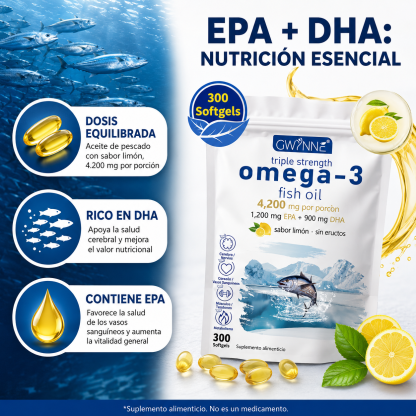 Gwynne Omega 3 Premium 4200mg 300 Cáps, Bacalao De Aguas Profundas Del Ártico Noruego, Que Contienen 1200mg Epa Y 900mg Dha Suplementos Alimentarios Para Apoyar La Salud Física De Mujere Y Hombre