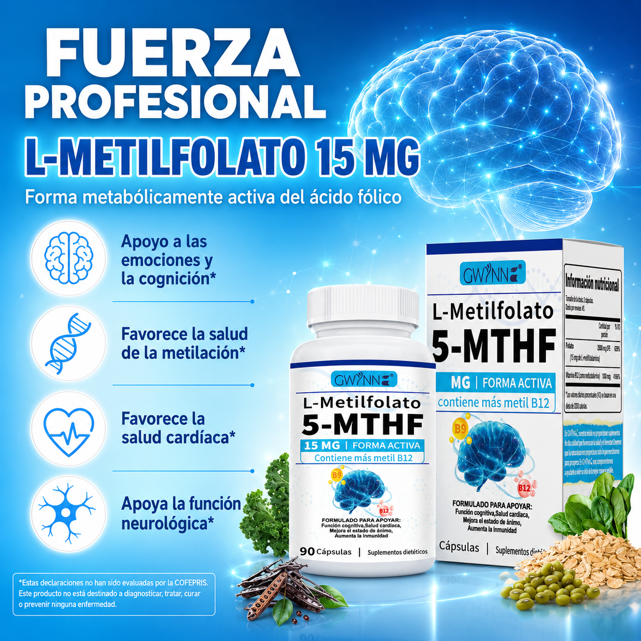 Gwynne L-metilfolato 15mg Plus Metil B12 Cofactor,alta Potencia,forma Activa De 5-mthf,soporta El Mood,metilación Y Cognición,90 Cápsulas,formas Bioactivas De Vitamina B12