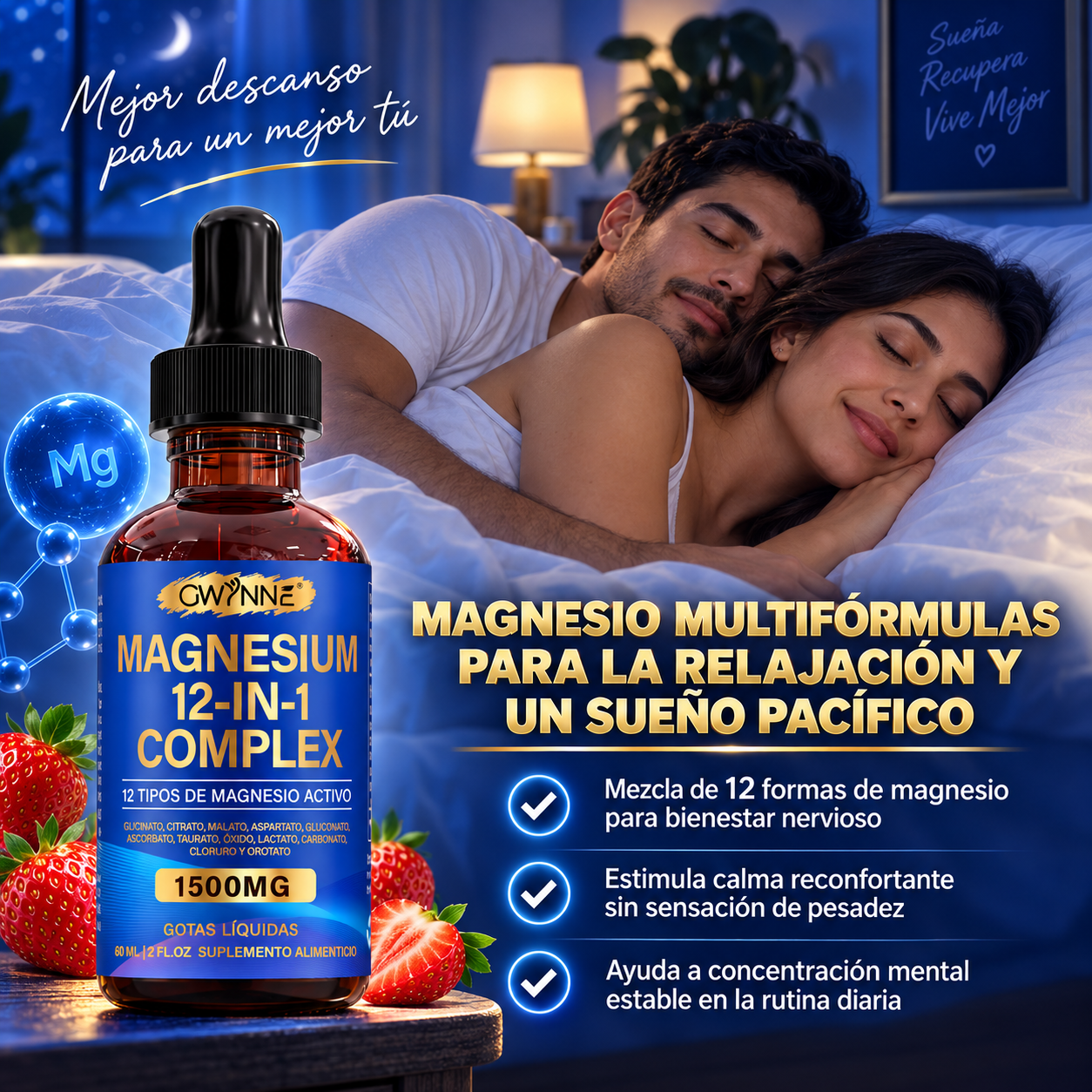 GWYNNE Complejo de Magnesio 12 en 1 Gotas Líquidas 1500mg,60ml,con Glicinato de Magnesio,Citrato de Magnesio,Malato de Magnesio,etc,para Bienestar Nervioso y Relajación