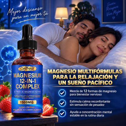 GWYNNE Complejo de Magnesio 12 en 1 Gotas Líquidas 1500mg,60ml,con Glicinato de Magnesio,Citrato de Magnesio,Malato de Magnesio,etc,para Bienestar Nervioso y Relajación