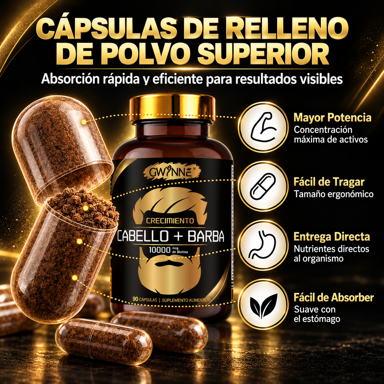 Gwynne crecimiento Cabello y Barba Suplemento 90 Cápsulas con Biotina,Zinc