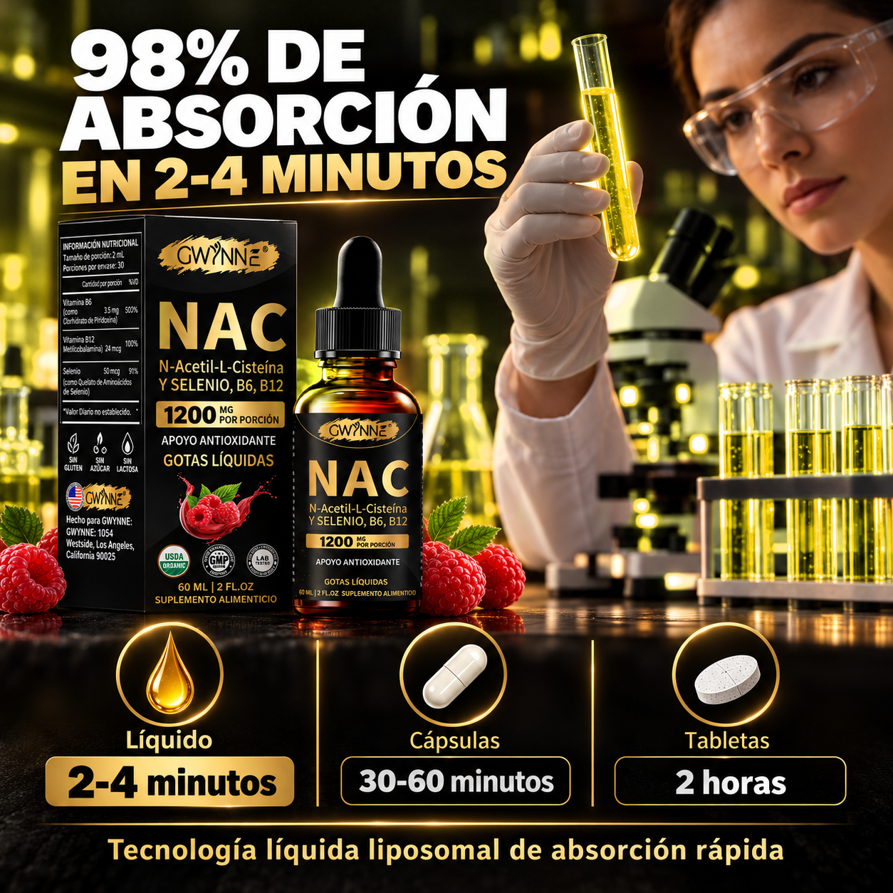 Gwynne Nac N-acetil-l-cisteína 1200mg Gotas 60ml, Con Vitamina B6,B12 Y Selenio,apoyo Antioxidante,inmunológico Y Respiratorio