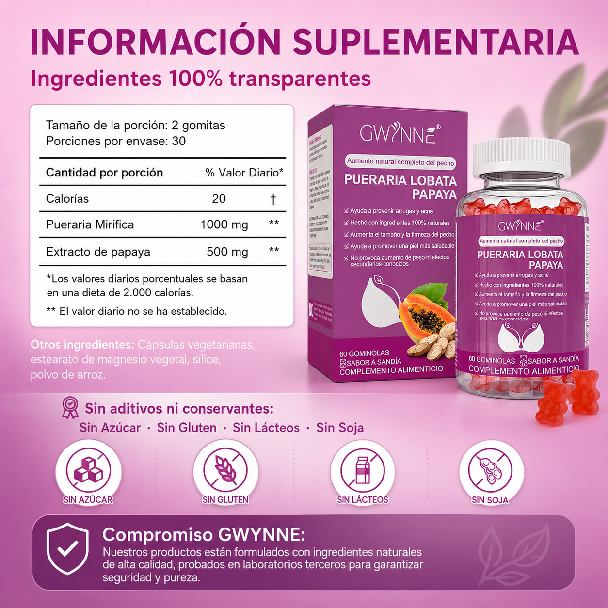 Gwynne Puro Natural Aumento De Mamas Lifting De Glúteos,con Pueraria Mirifica 1000mg Y Extracto De Papaya 500mg,apoyo Al Crecimiento Mamario,piel Sana,estrógeno,60 Gominolas