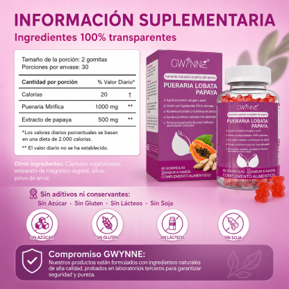Gwynne Puro Natural Aumento De Mamas Lifting De Glúteos,con Pueraria Mirifica 1000mg Y Extracto De Papaya 500mg,apoyo Al Crecimiento Mamario,piel Sana,estrógeno,60 Gominolas