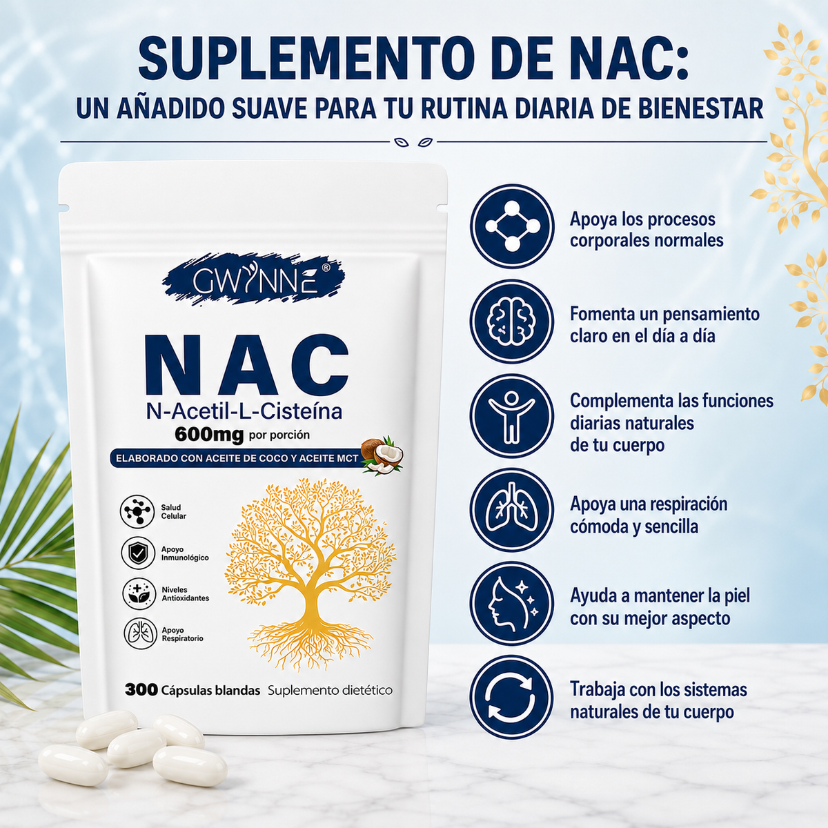 Gwynne Nac N-acetil-l-cisteína 600 Mg 300 Cápsulas,con Dinucleótido De Adenina Y Nicotinamida, Propiedades Antioxidantes,favorece Las Defensas Naturales Y El Bienestar Respiratorio General 