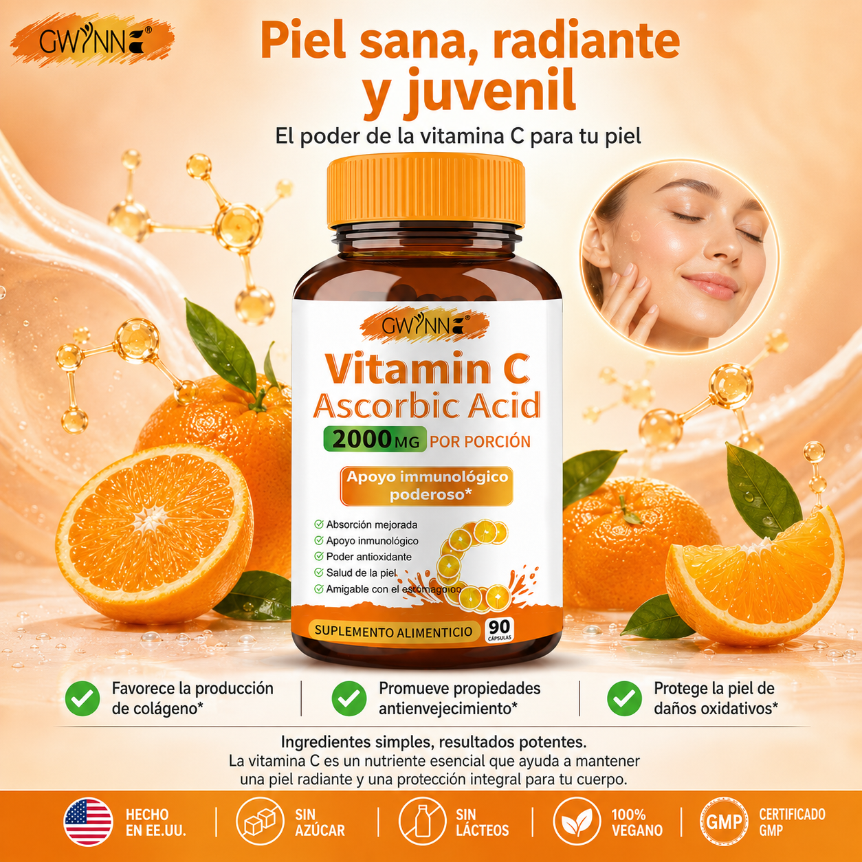 Gwynne Ácido Ascórbico Puro De Vitamina C 2000mg,90 Cápsulas,formas Solubles En Grasa Y Agua Altamente Biodisponibles,antioxidante Y Suplemento De Apoyo Inmunológico