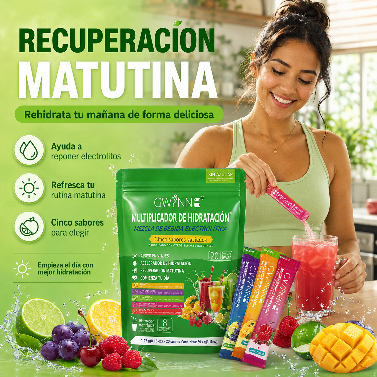Gwynne Multiplicador De Hidratacion Mezcla De Bebida Electrolitica,supercalm Nutricional Bebidas Mixtas En Polvo Con Sodio ,vitamina C Y B12,sabores Mixtos 20 Unidade