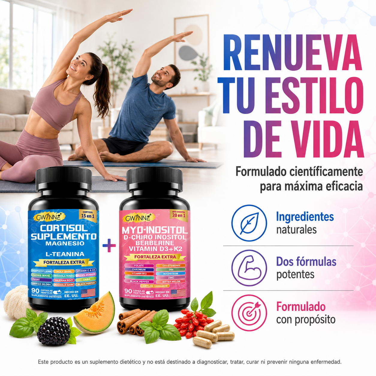 Gwynne Suplemento De Cortisol 90 Cápsulas + Suplemento De Inositol Myo-inositol Y D 90 Cápsulas,con Glicinato De Magnesio,vitamina B12 Y K2