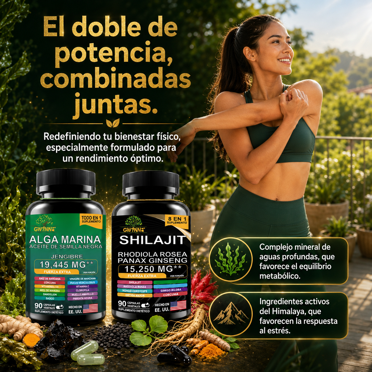 Gwynne All In 1 Shilajit Y Sea Moss Bundle 90 Cápsulas-contiene 29170 Mg De Musgo Marino, Aceite De Semilla Negra, Etc Y Contiene 22875 Mg De Shilajit,rhodiola Rosea, Etc