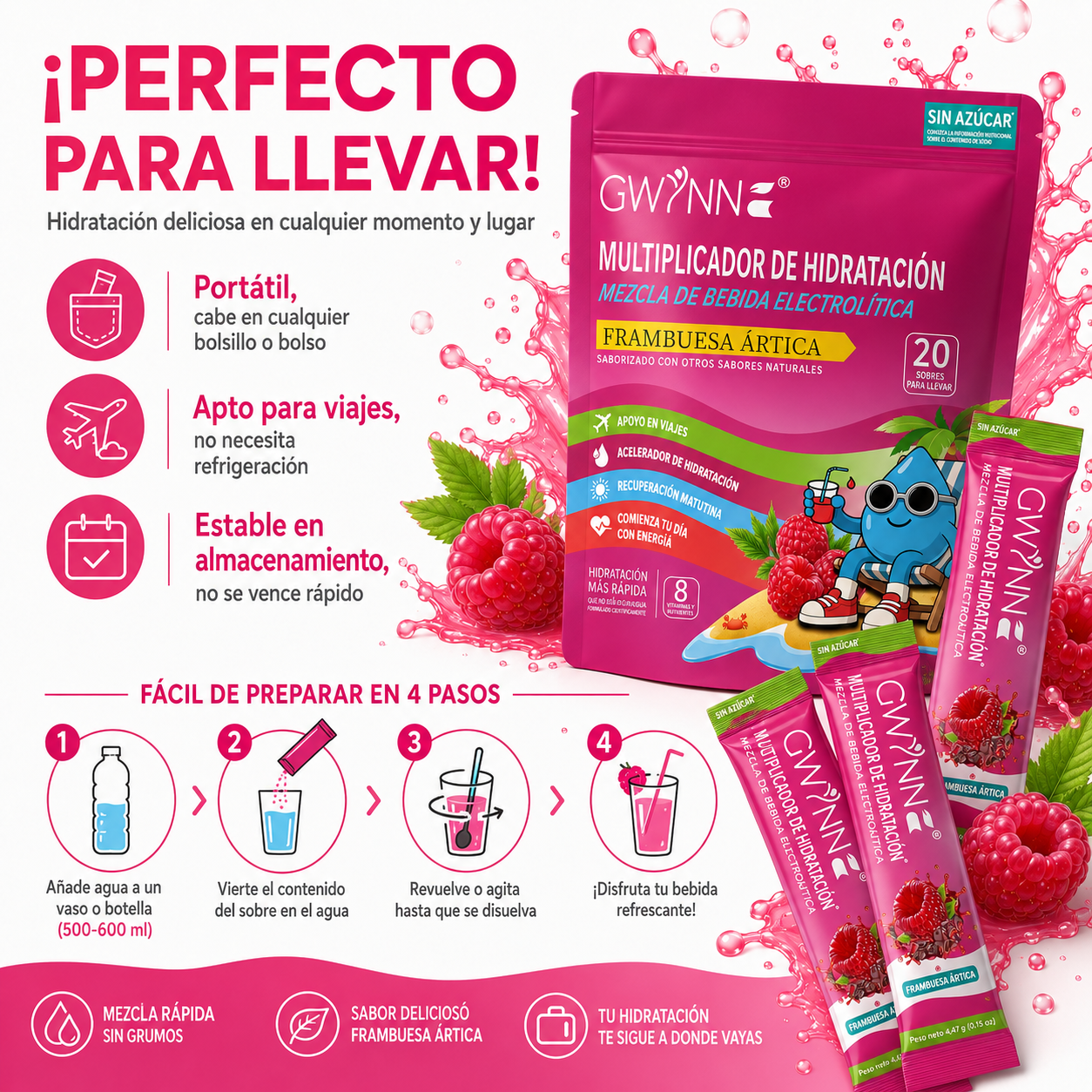Gwynne Multiplicador De Hidratacion Mezcla De Bebida Electrolitica,supercalm Nutricional Bebidas Mixtas En Polvo Con Sodio ,vitamina C Y B12,sabor A Frambuesa 20 Unidade