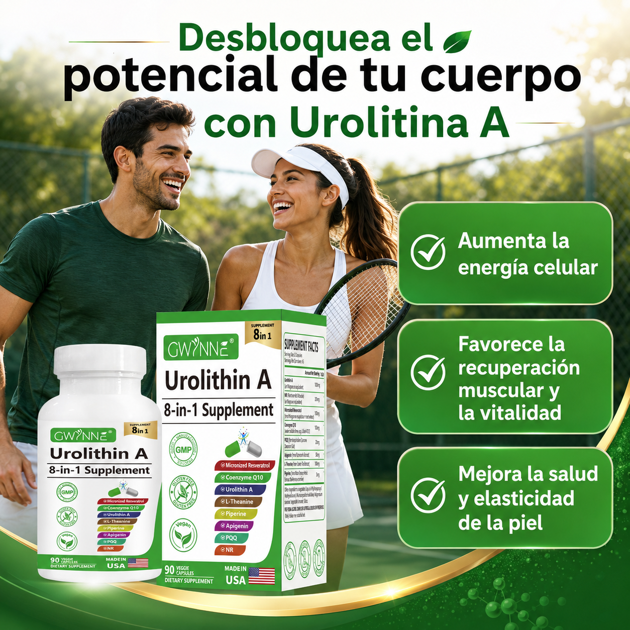 Gwynne Urolithin A 1000mg Complex Supplement 90 Cápsula,con Resveratrol,nr,coq10,pqq Y L-theanine Apoyo A La Energía Mitocondrial Y Celular