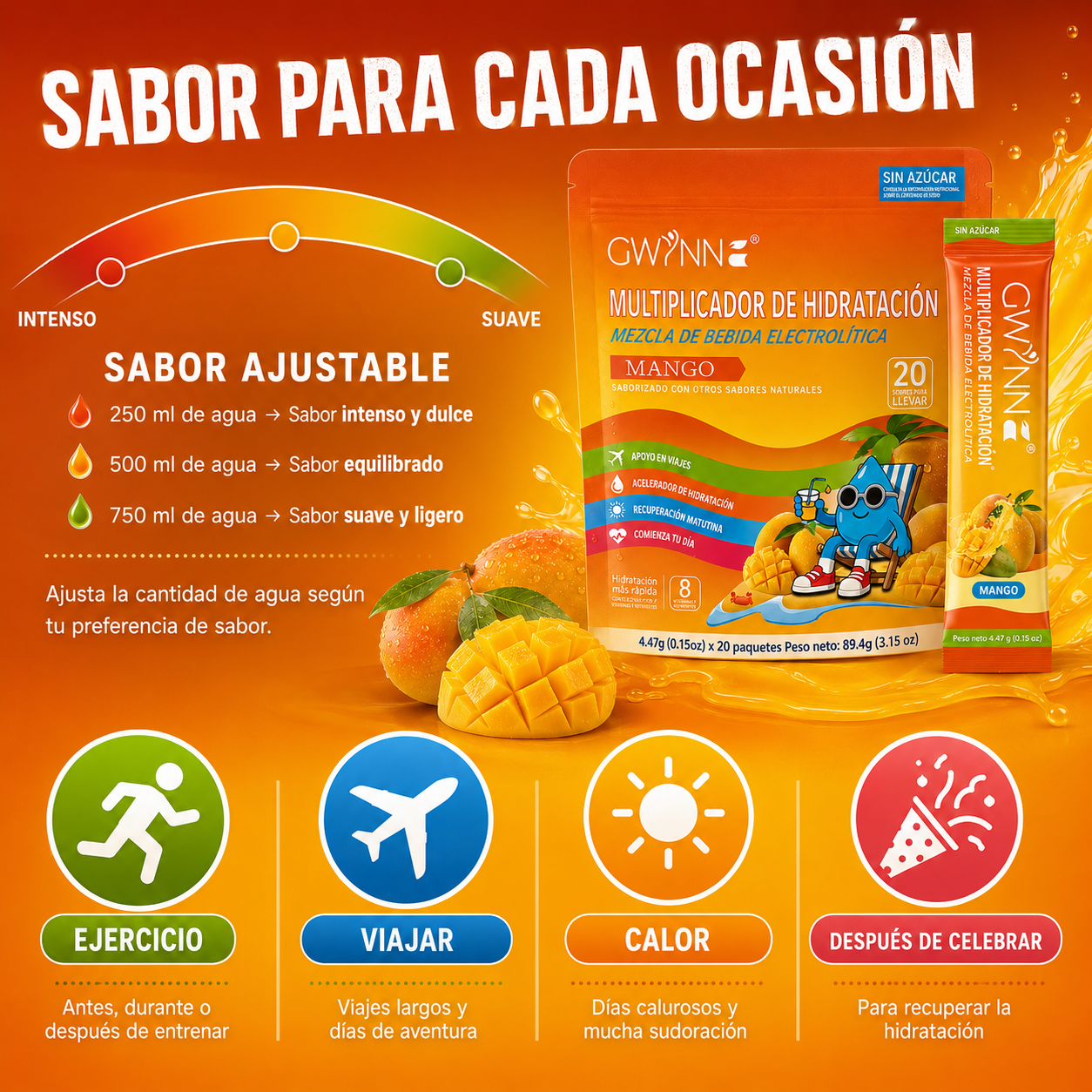 Gwynne Multiplicador De Hidratacion Mezcla De Bebida Electrolitica,supercalm Nutricional Bebidas Mixtas En Polvo Con Sodio ,vitamina C Y B12,sabor A Mango 20 Unidade
