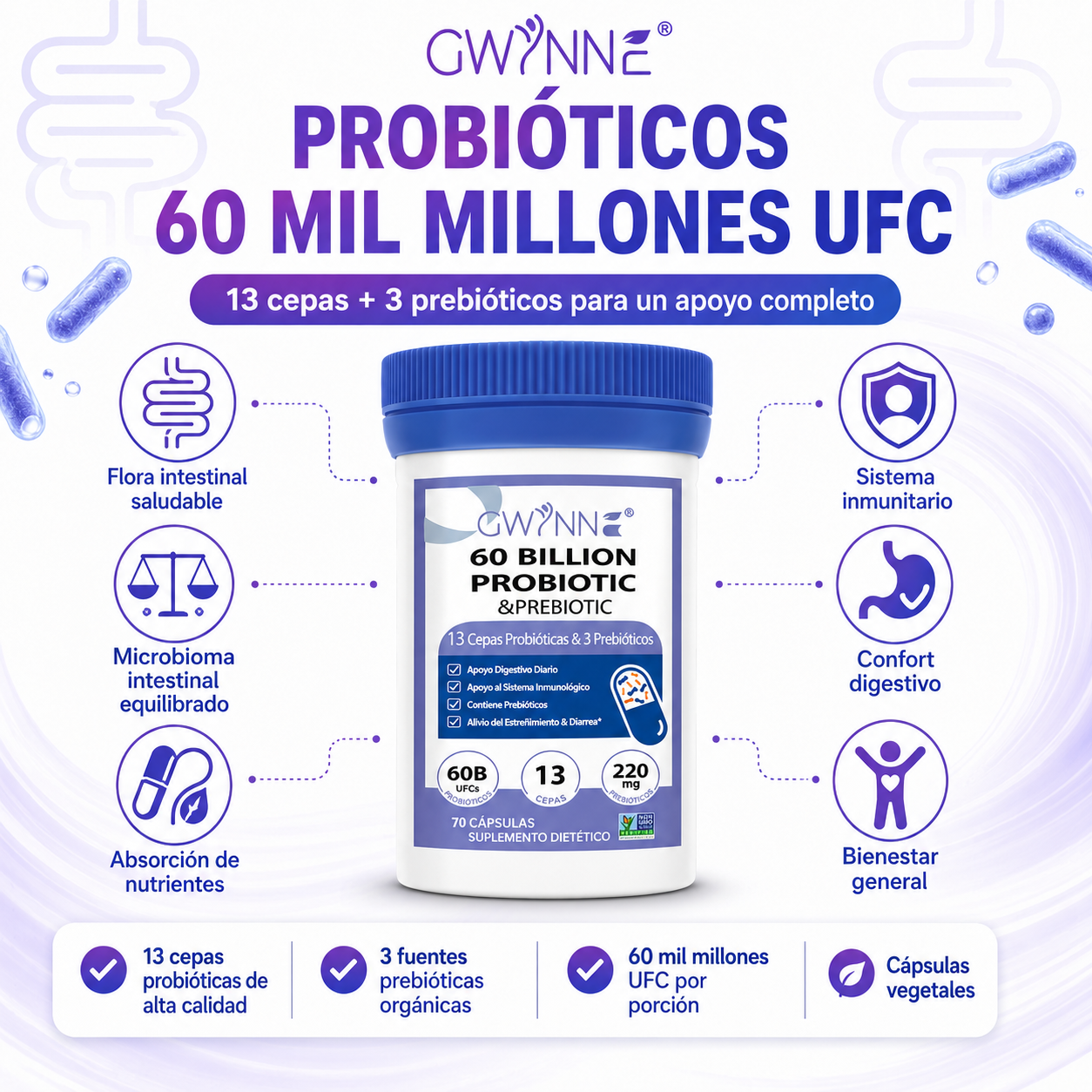 Gwynne Paquete Avanzado Salud Intestinal:Vaginal probióticos 60 Billion De Ucf 70Cápsula Y Enzimas Digestivas 400mg 70Cápsula,para Salud Digestiva Y Salud Intestinal,apoya El Estreñimiento Ocasional