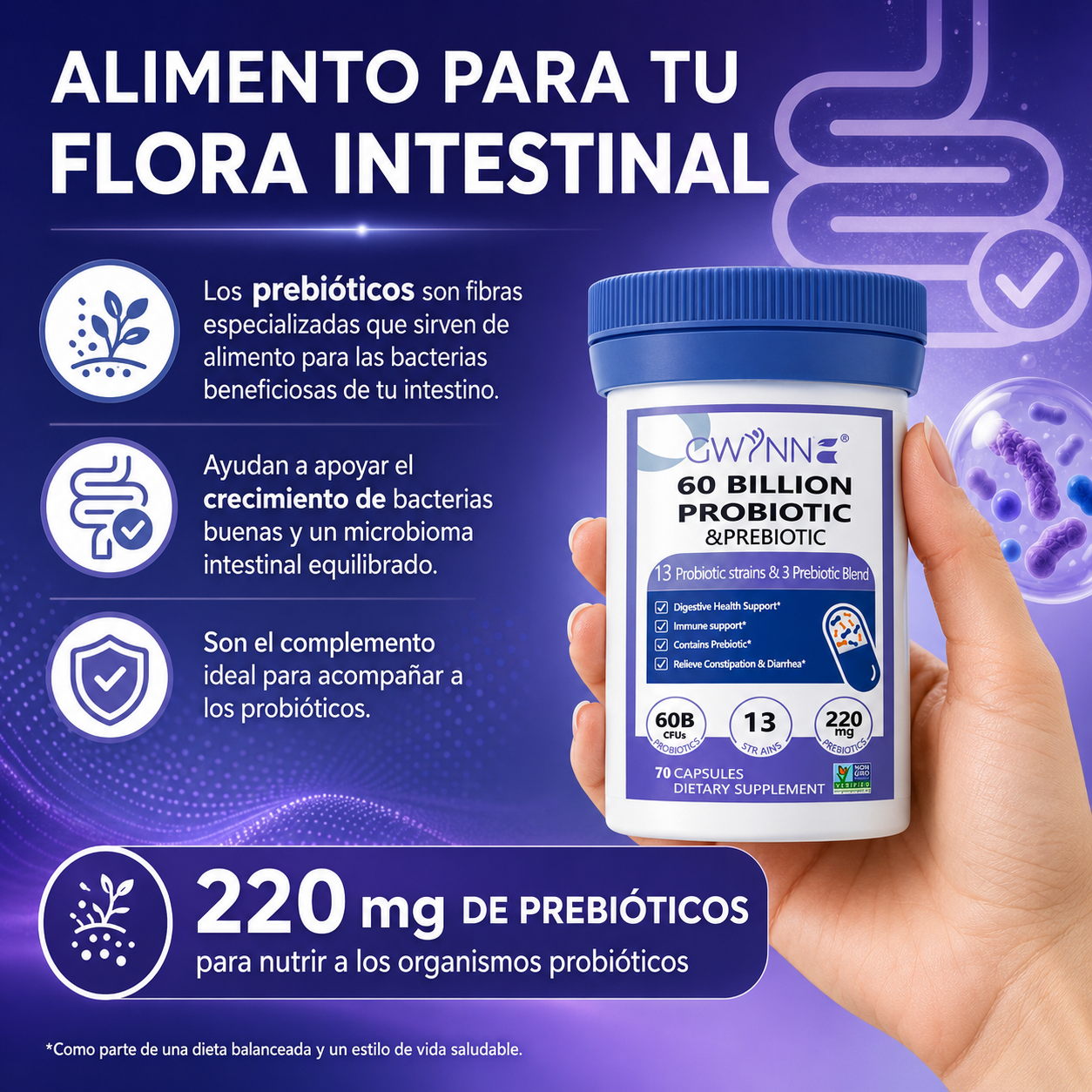 Gwynne vaginal Probióticos 60 Billion De Ucf 70 Cápsula,13Strains + 3Prebióticos Mezcla,salud Inmune,digestiva E Intestinal-Apoya El Estreñimiento,la Diarrea,apoyo Inmunológico Para Mujeres Y Hombres