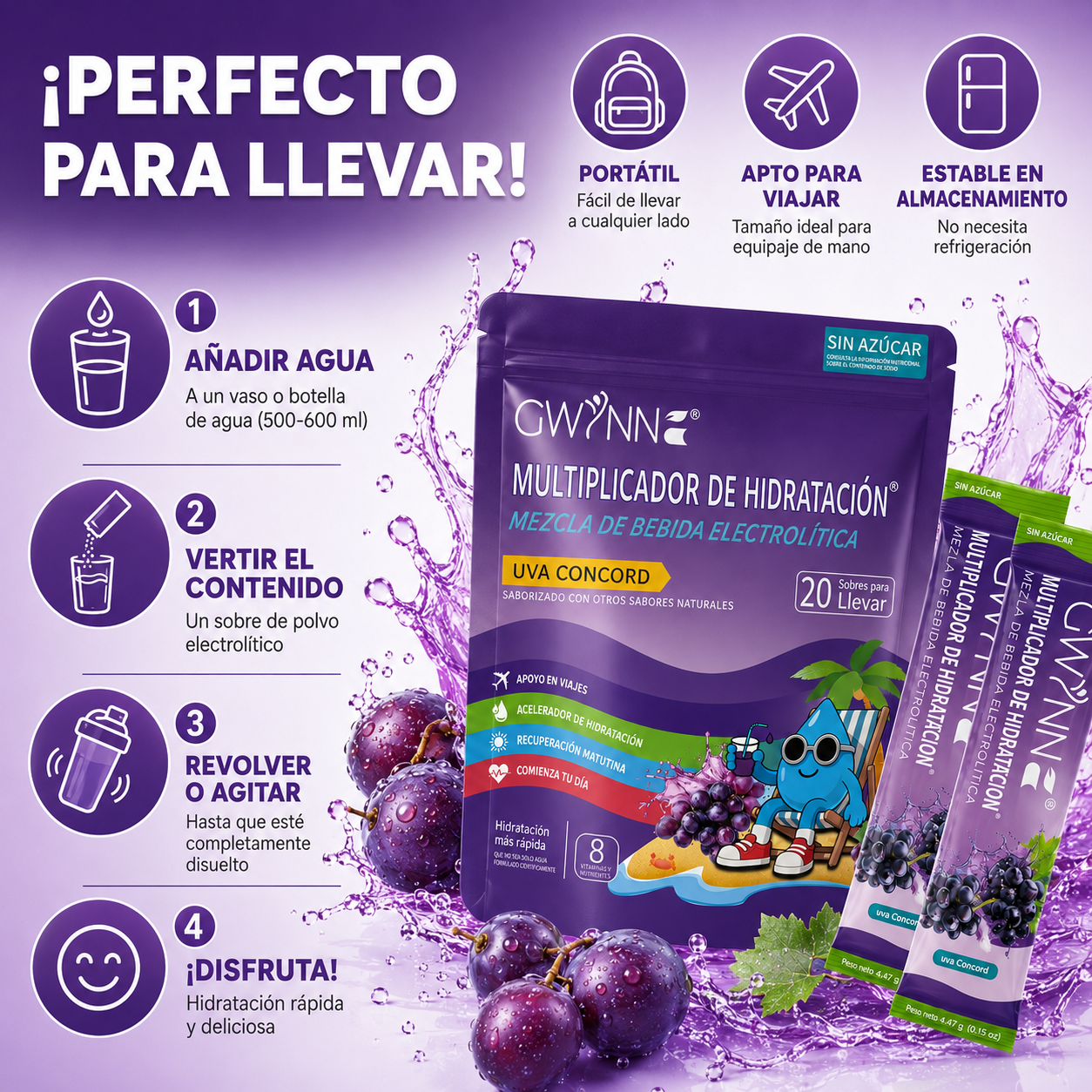 Gwynne Multiplicador De Hidratacion Mezcla De Bebida Electrolitica,supercalm Nutricional Bebidas Mixtas En Polvo Con Sodio ,vitamina C Y B12,sabor A Uva 20 Unidade