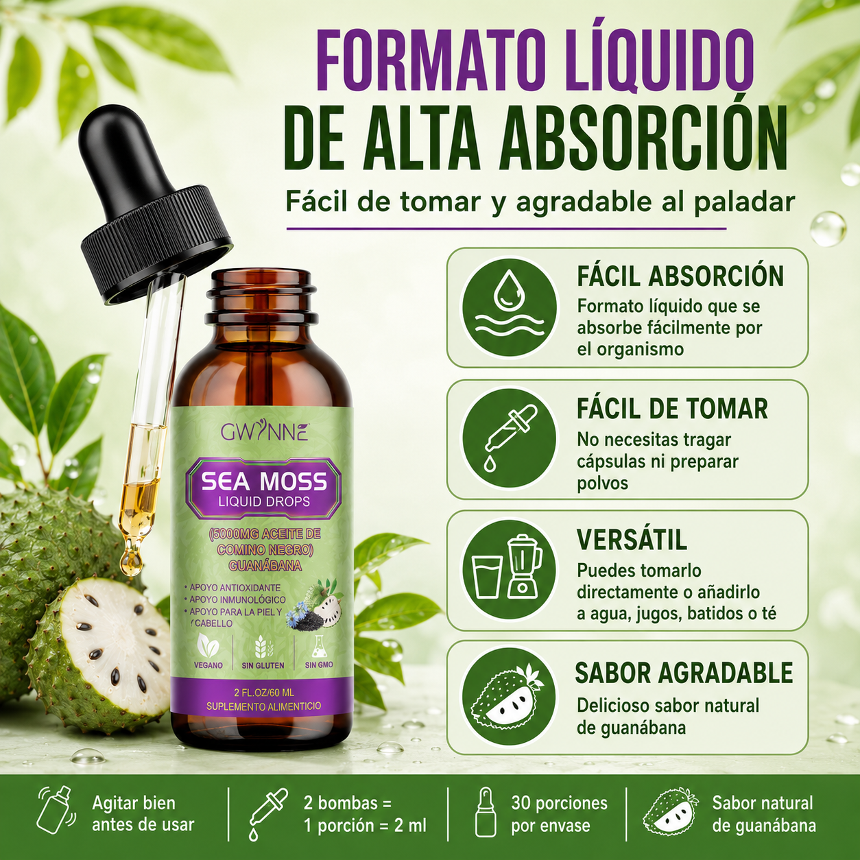 Gwynne Gotas Líquidas De Musgo Marino 5000mg 60ml - Irish Sea Moss Black Seed,suplemento Multimineral De Musgo Marino Apoyo Antioxidante, Inmunitario, Salud Intestinal