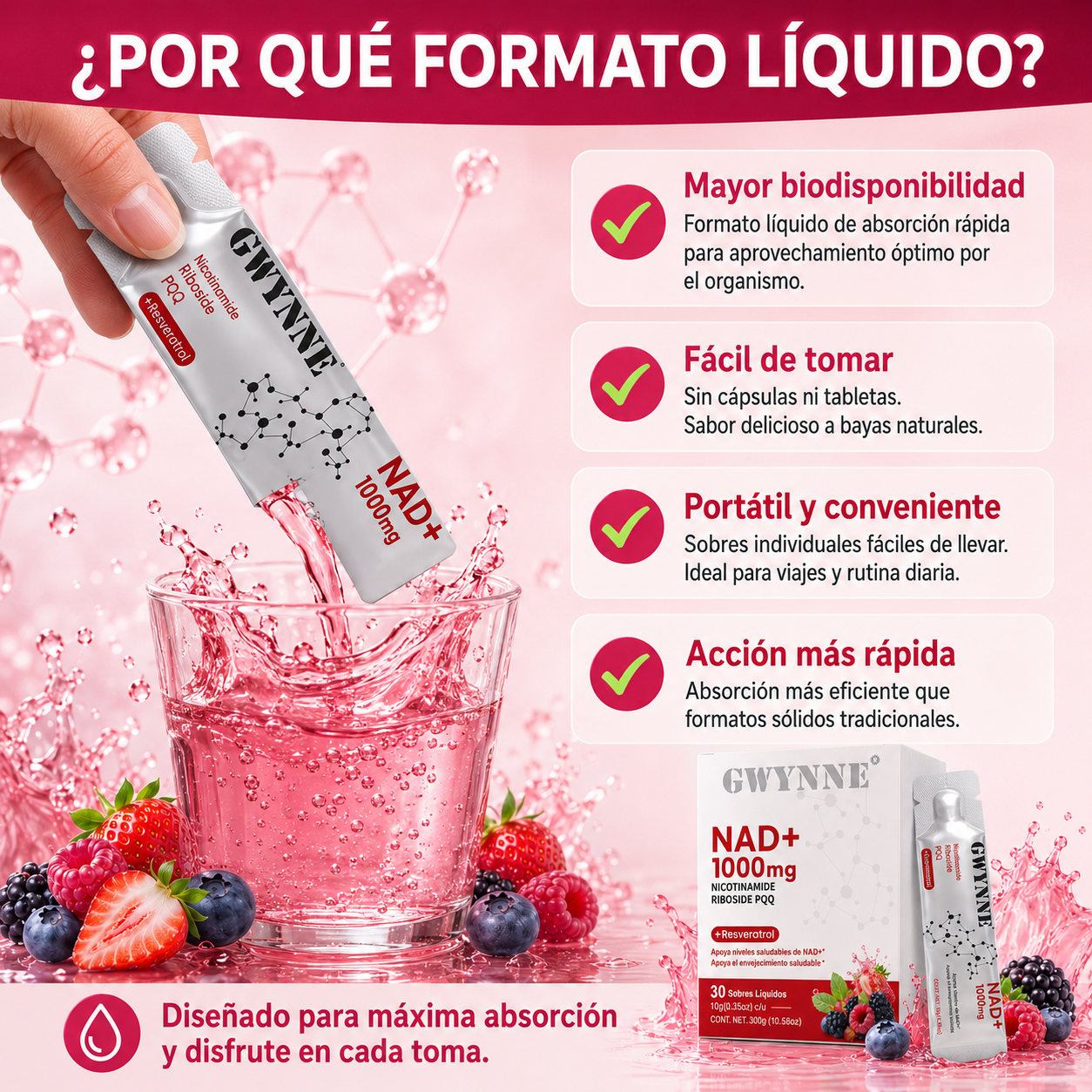 Gwynne Nad Suplemento Con Nicotinamide Riboside, Resveratrol & Pqq 1000mg Alternativa Nmn Extra Fuerte Para Anti-envejecimiento, Energía & Concentración 30 Unidad