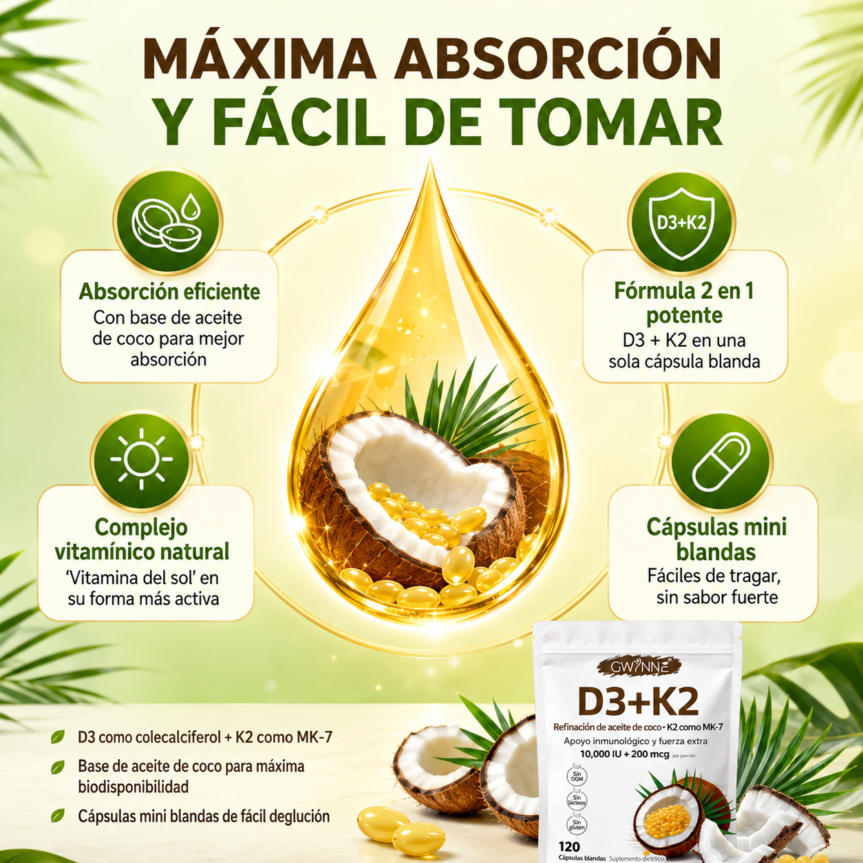 Gwynne Vitamina D3 10.000ui + K2 Mk-7 200mcg,120cápsulas  2 En 1 Aceite De Coco Vírgenapoyo Óseo,inmunológico Y Cardíaco