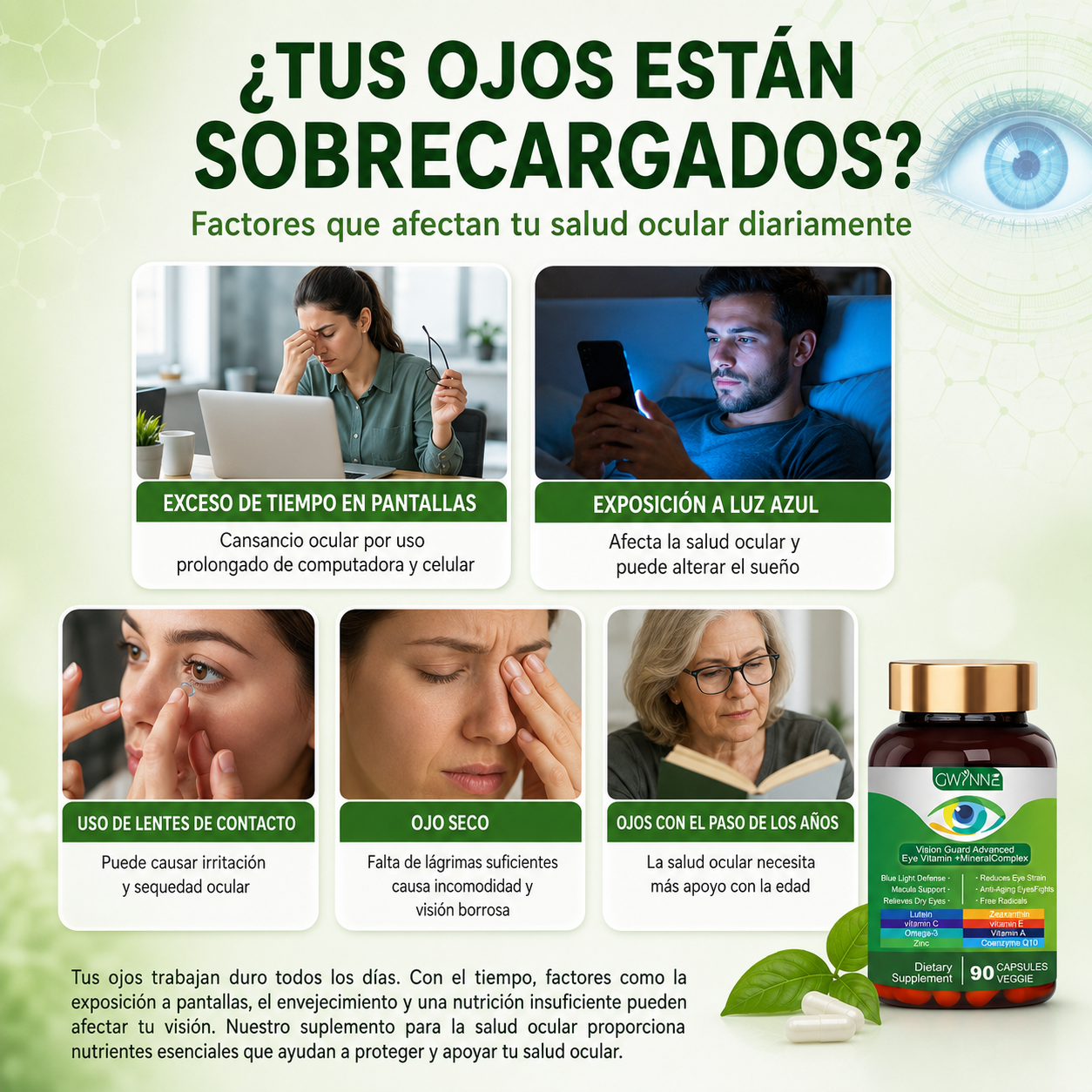 Gwynne Lutein Eye Vitamin Supplement 90 Cápsulas Suplemento Nutricional Para La Salud Macular Y El Ojo Seco Con Luteína, Zinc, Vitamina C/e Y Zeaxantina