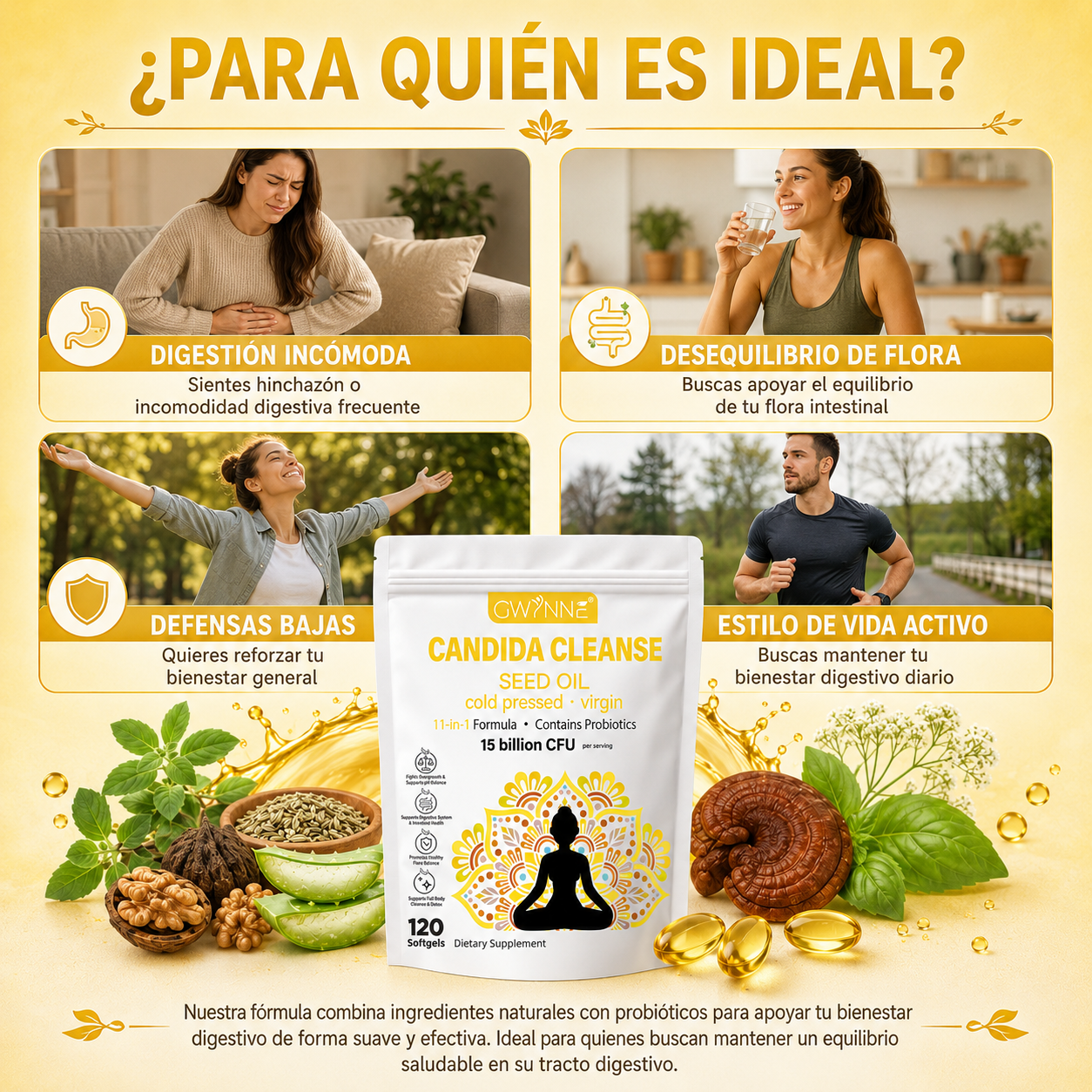 Gwynne Candida Cleanse Seed Oil 120 Cápsulas,hierbas Naturales Para La Desintoxicación Intestinal Con 15 Billion Cfu,11-in-1 Formula Con Hoja De Orégano,ácido Caprílico Y Probiotics