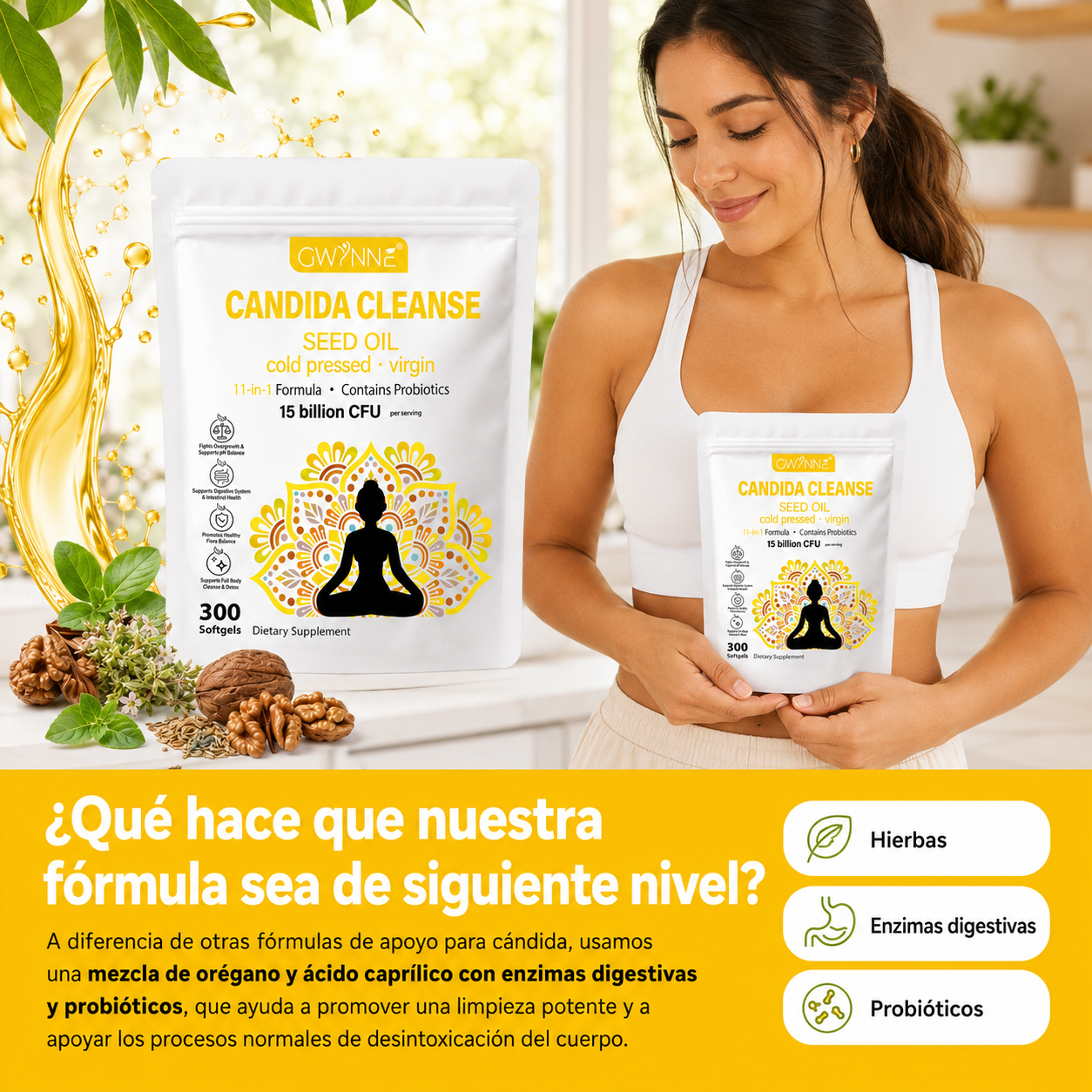 Gwynne Candida Cleanse Seed Oil Cápsulas,hierbas Naturales Para La Desintoxicación Intestinal Con 15 Billion Cfu,300 Cápsulas,11-in-1 Formula Con Hoja De Orégano,ácido Caprílico Y Probiotics