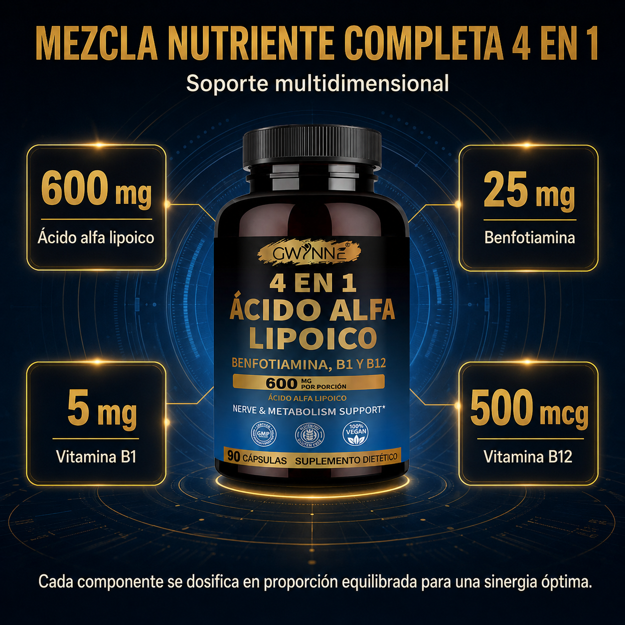 Gwynne 4 En 1 Ácido Alfa Lipoico 600mg 90 Cápsulas,suplemento Antioxidant, Para Los Nervos,energía Y Apoyo Al Metabolismo,con Benfotiamina,b1 Y B12