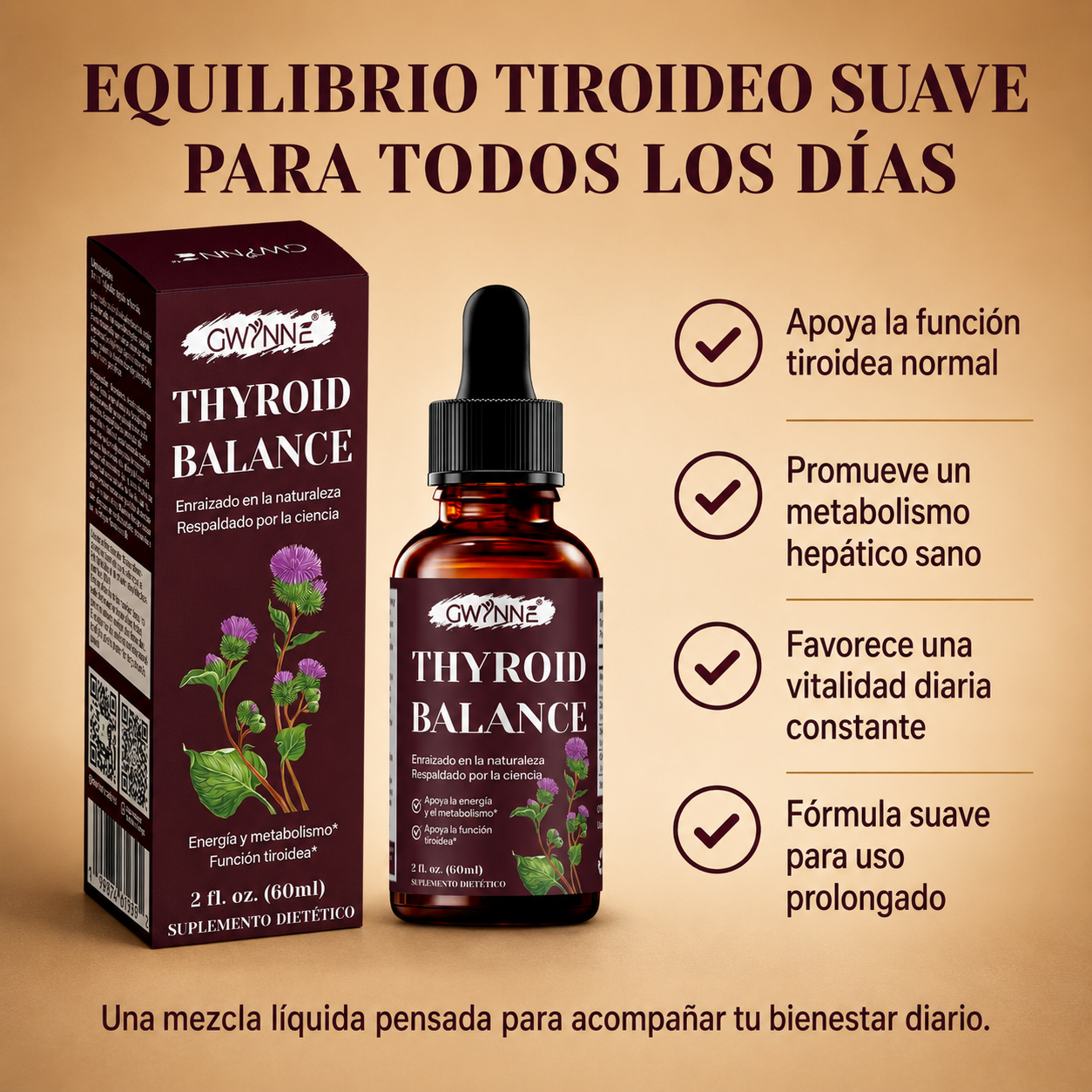Gwynne Thyroid Balance Suplemento Líquido,con Magnesio,zinc,selenio,cobre,apoyo Equilibrio Tiroideo, Energía Y Metabolismo Saludable,60ml