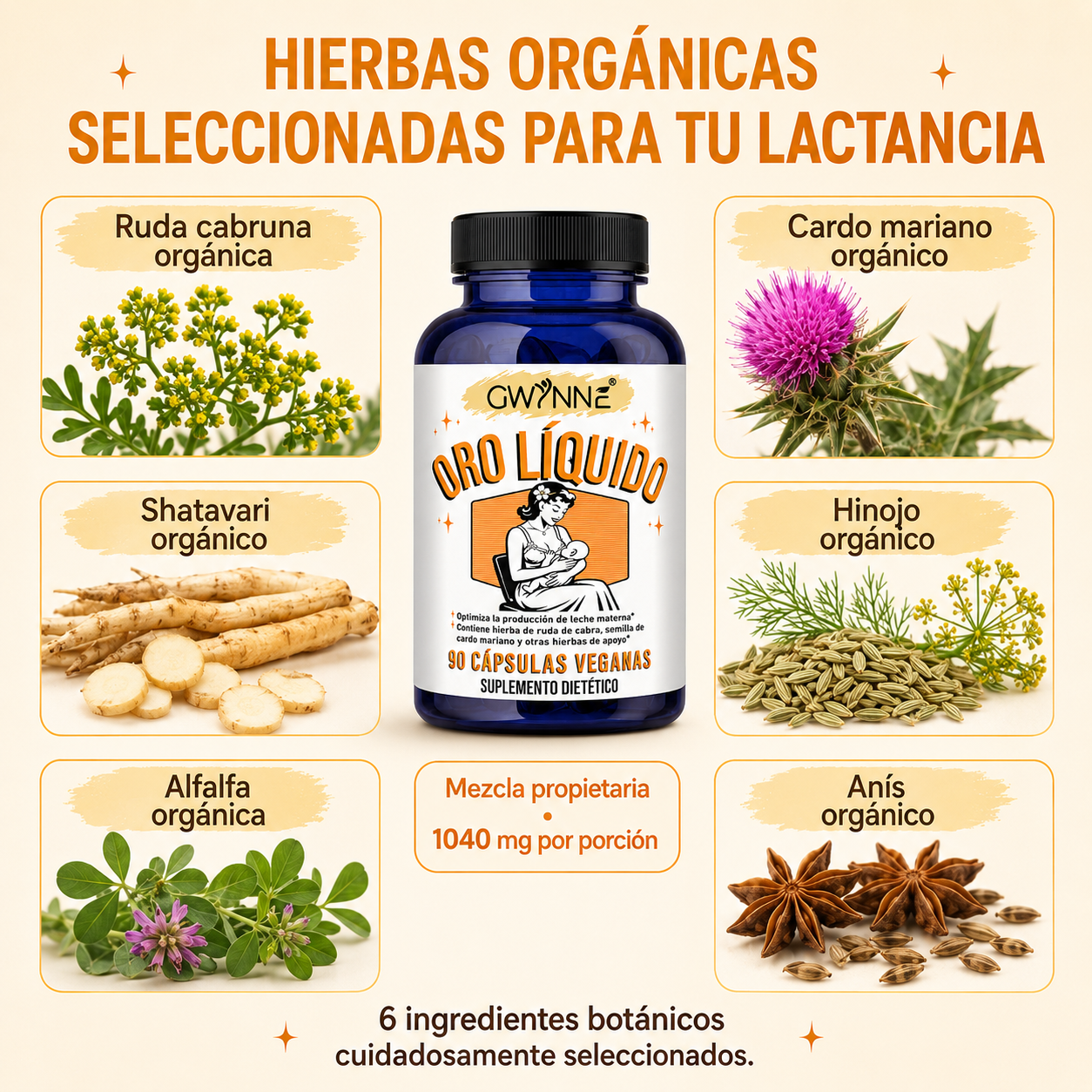 Gwynne Oro Líquido Suplemento Para Lactancia Materna,con Ruda Cabruna Orgánica,cardo Mariano,shatavari, Hinojo,alfalfa Y Anís,apoya La Producción De Leche Materna, 90 Cápsulas