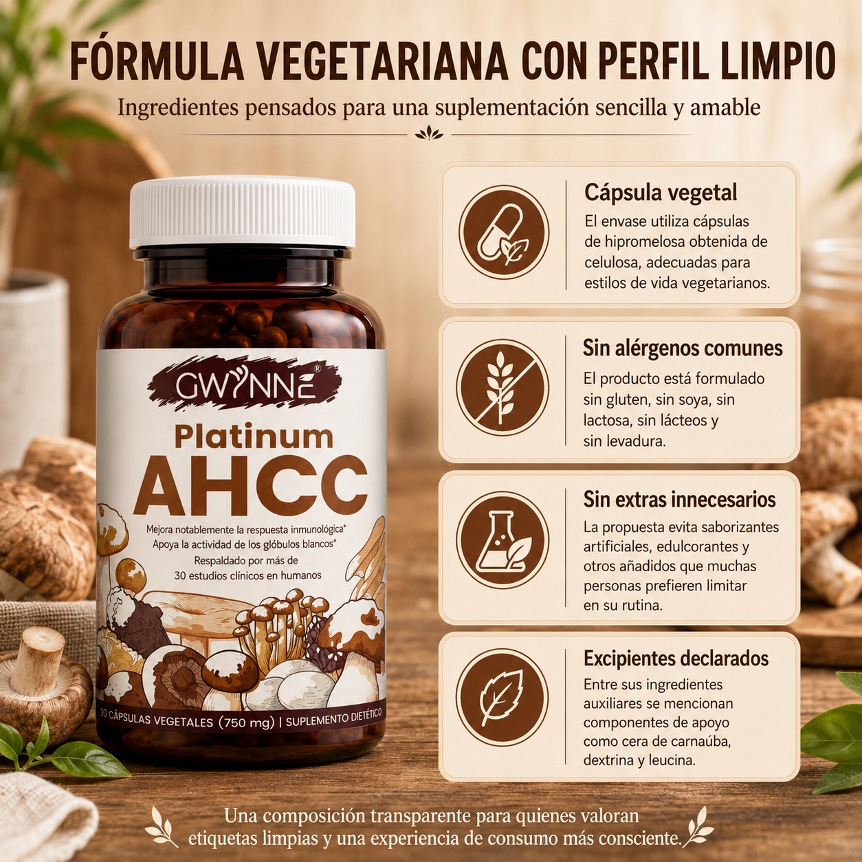 GWYNNE Suplemento Vegetal Platinum AHCC 750 mg,90 Cápsulas